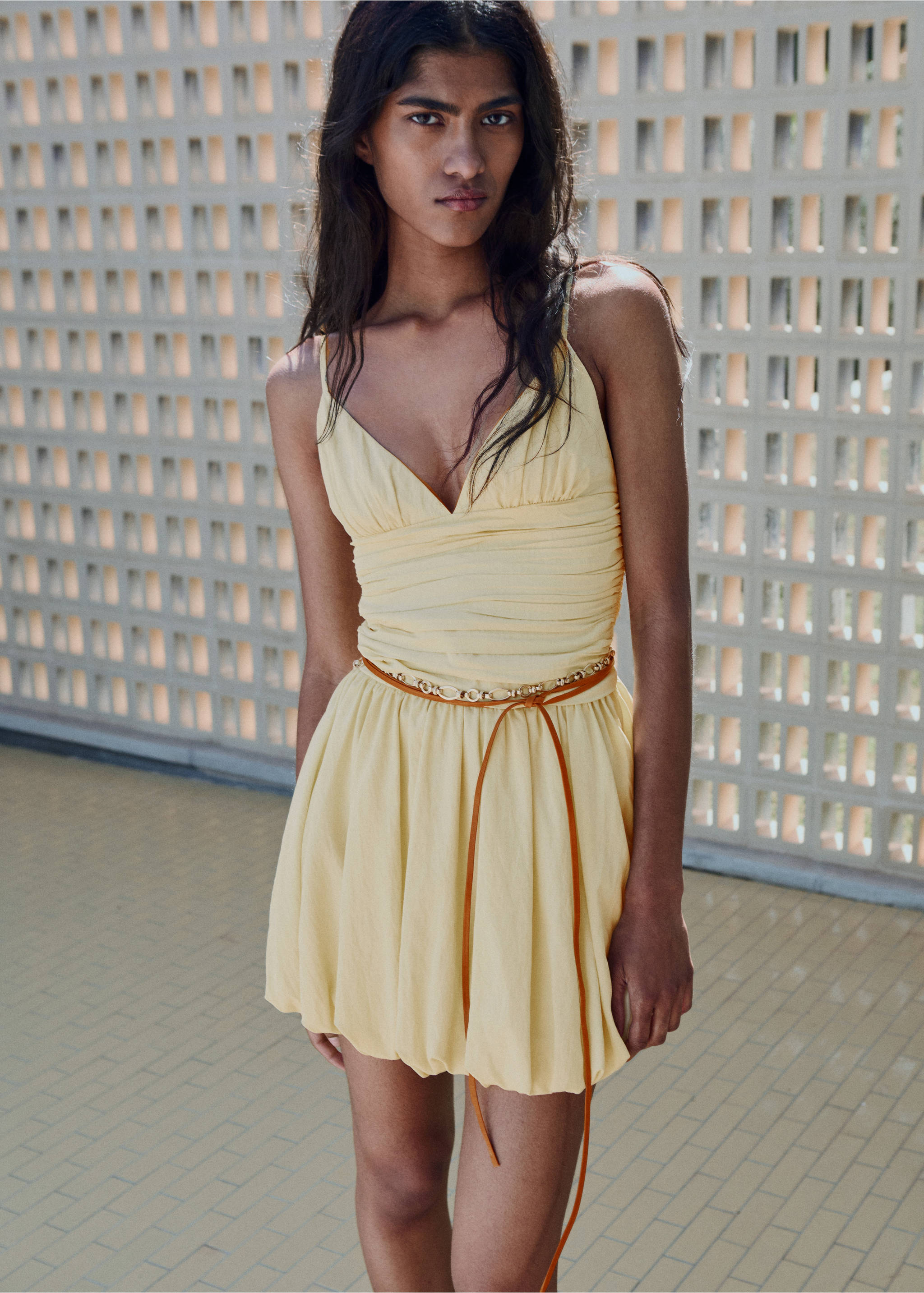 Gathered balloon dress - General plane, Pastel Yellow. Ref: 17061162-00.