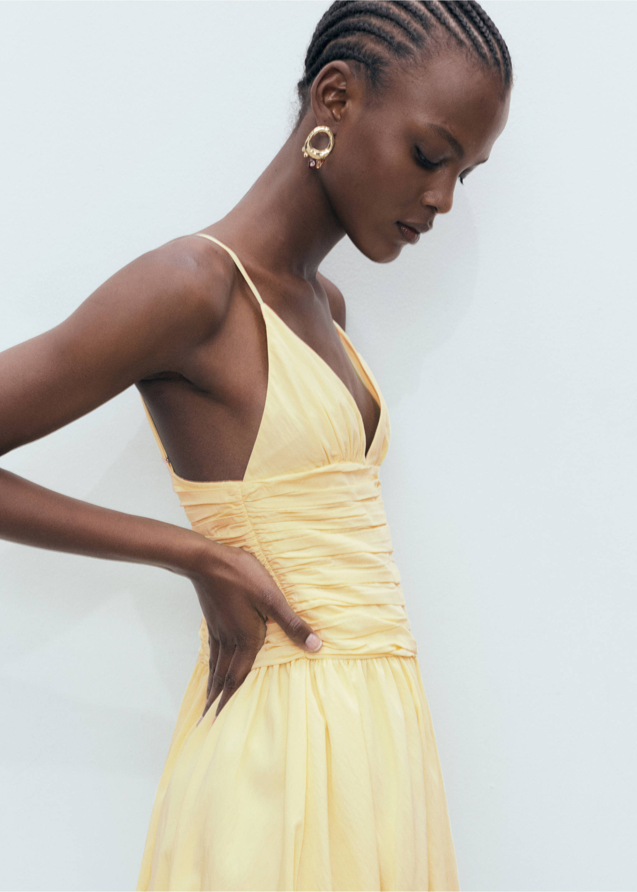 Gathered balloon dress - Details of the article 3, Pastel Yellow. Ref: 17061162-00.