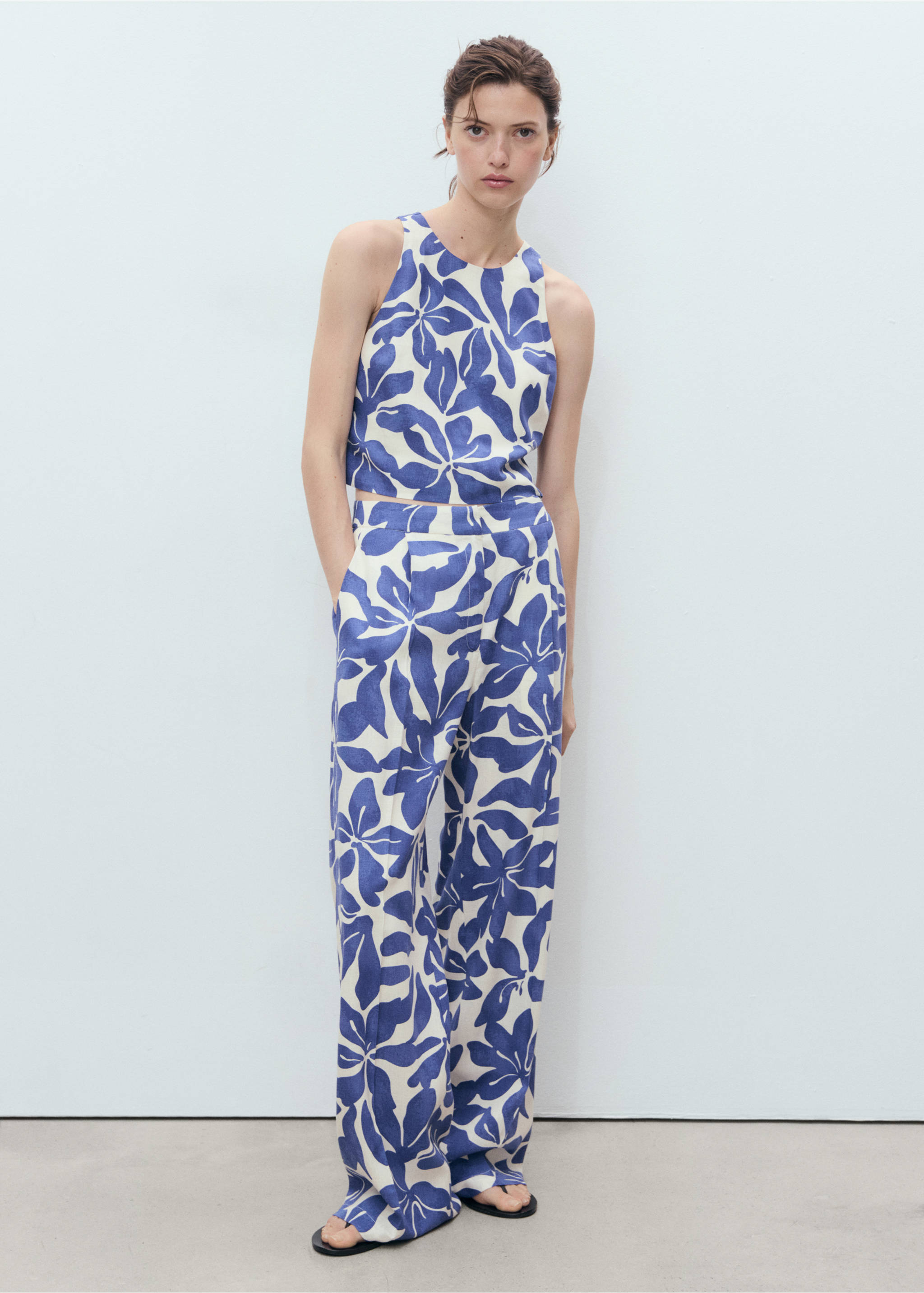 Printed linen-blend top - General plane, Blue. Ref: 17061164-00.