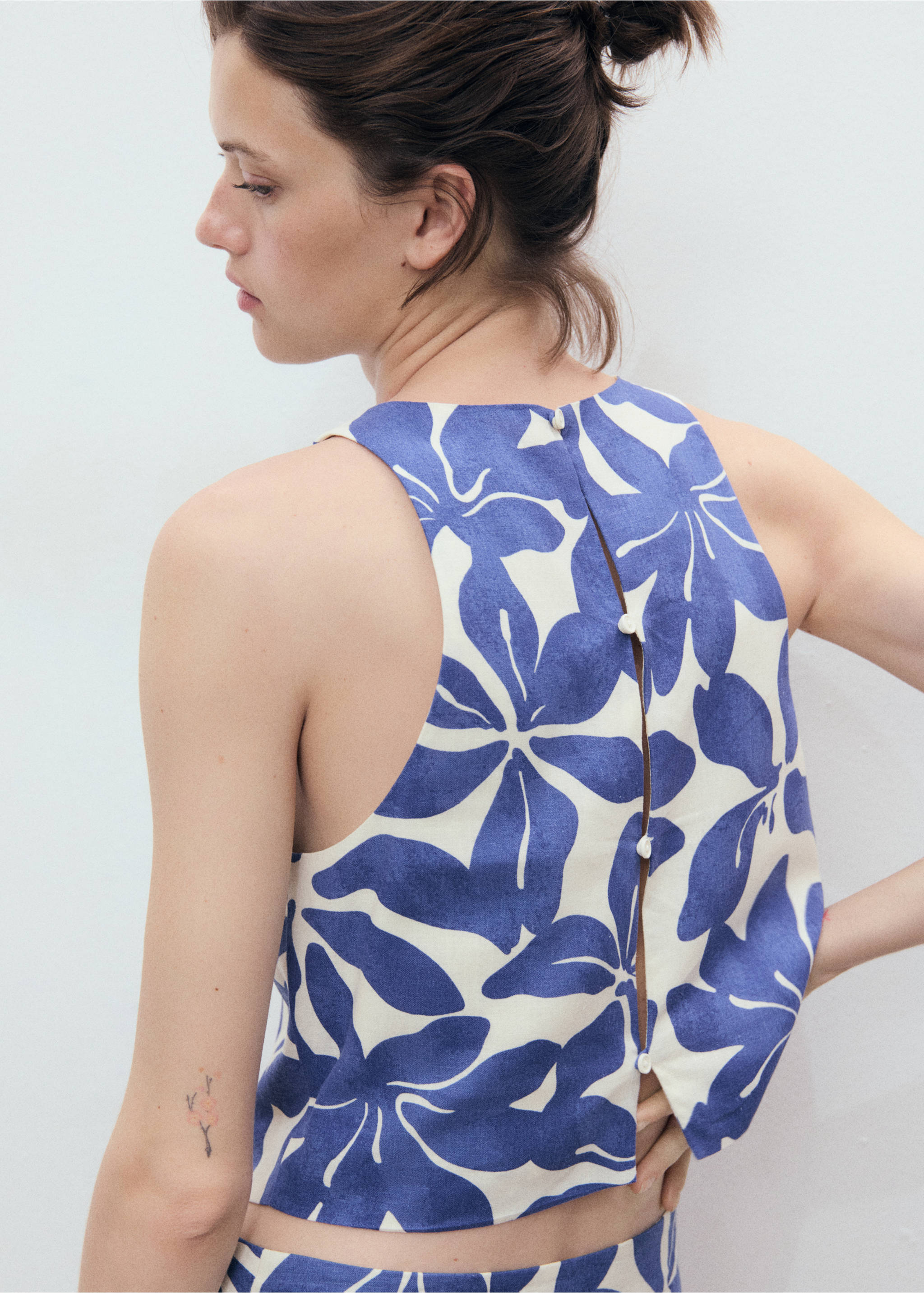 Printed linen-blend top - Reverse of the article, Blue. Ref: 17061164-00.