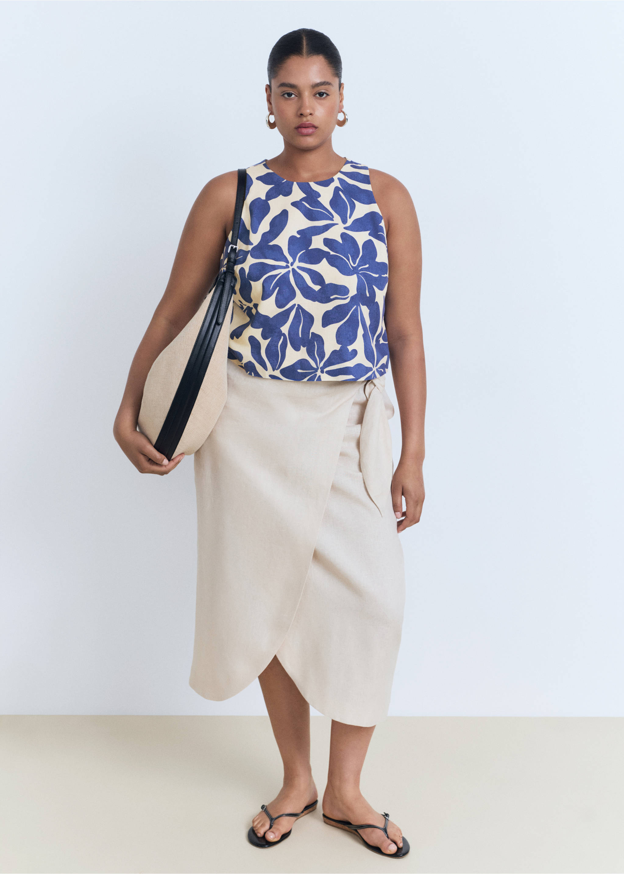 Printed linen-blend top - Details of the article 3, Blue. Ref: 17061164-00.