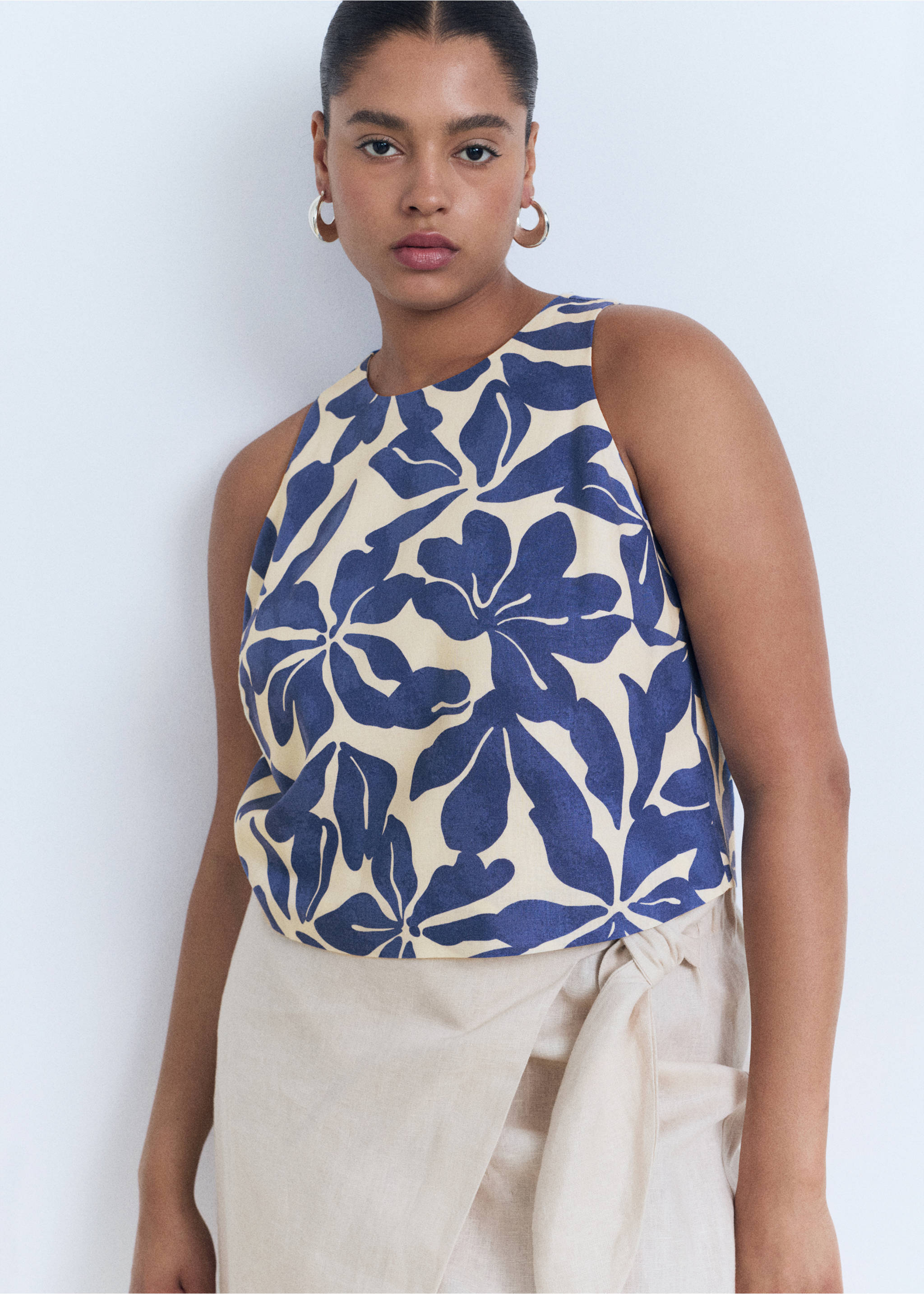 Printed linen-blend top - Details of the article 5, Blue. Ref: 17061164-00.