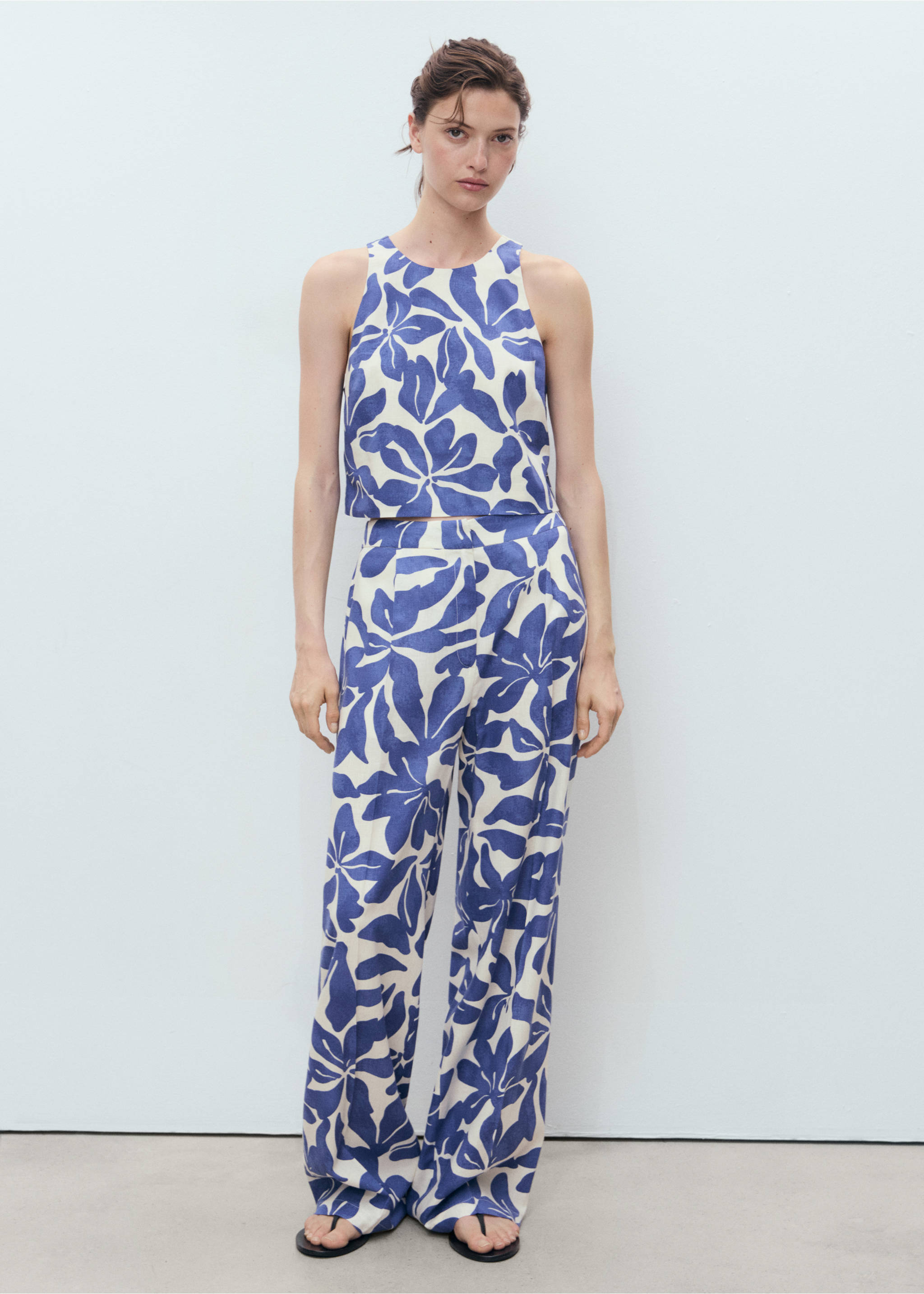 Printed linen-blend trousers - General plane, Blue. Ref: 17061165-00.