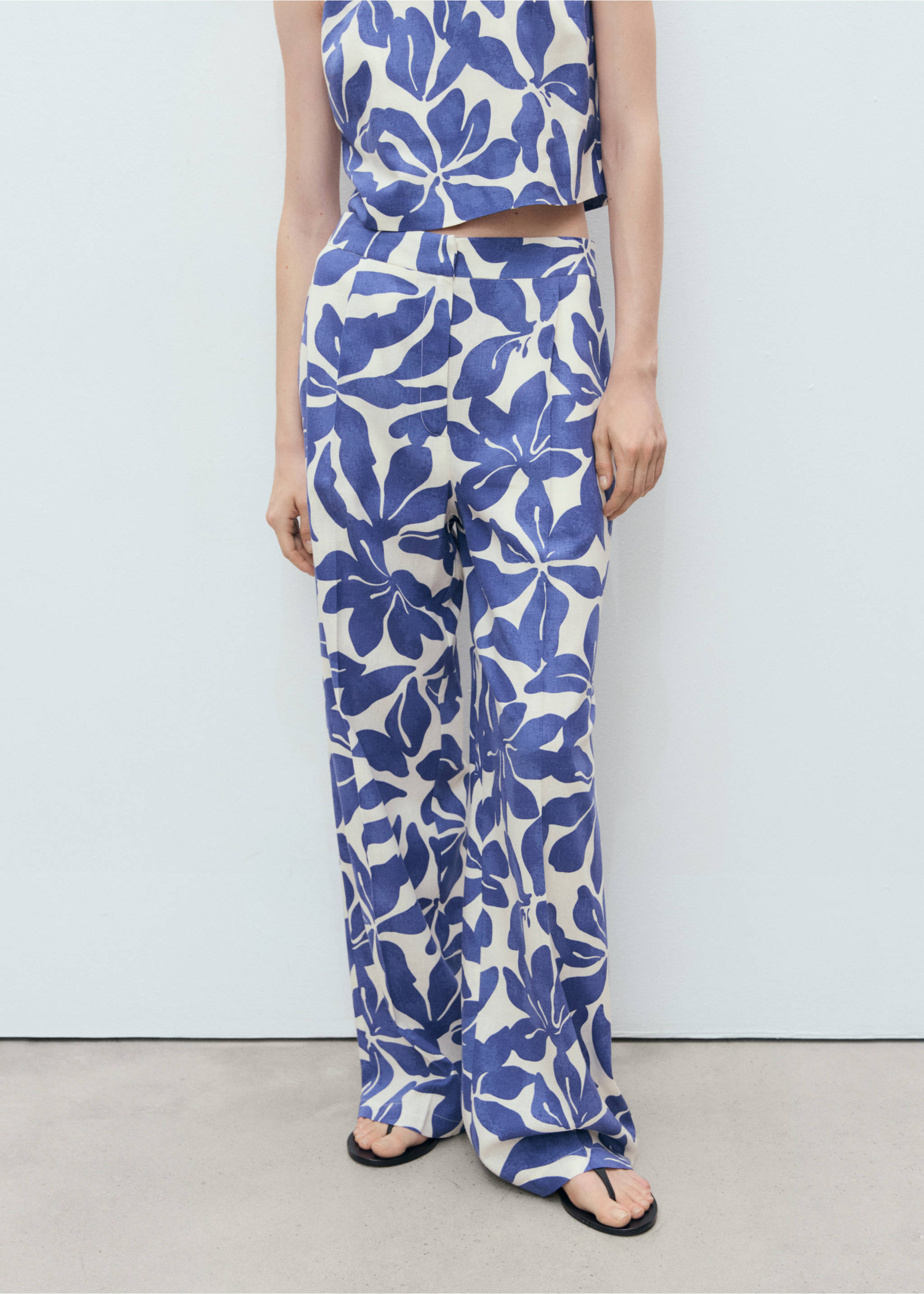 Printed linen-blend trousers - Medium plane, Blue. Ref: 17061165-00.