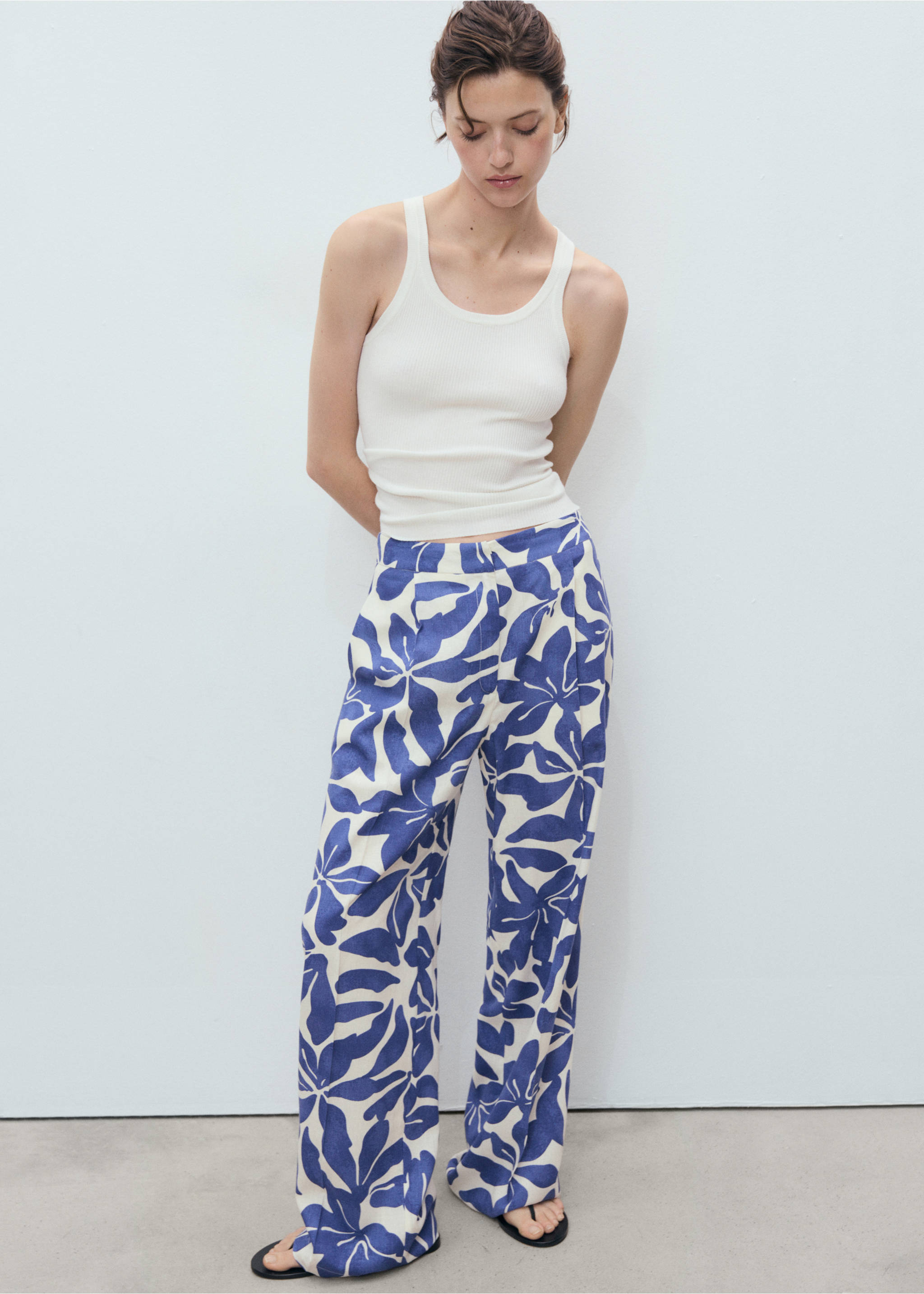 Printed linen-blend trousers - Details of the article 2, Blue. Ref: 17061165-00.