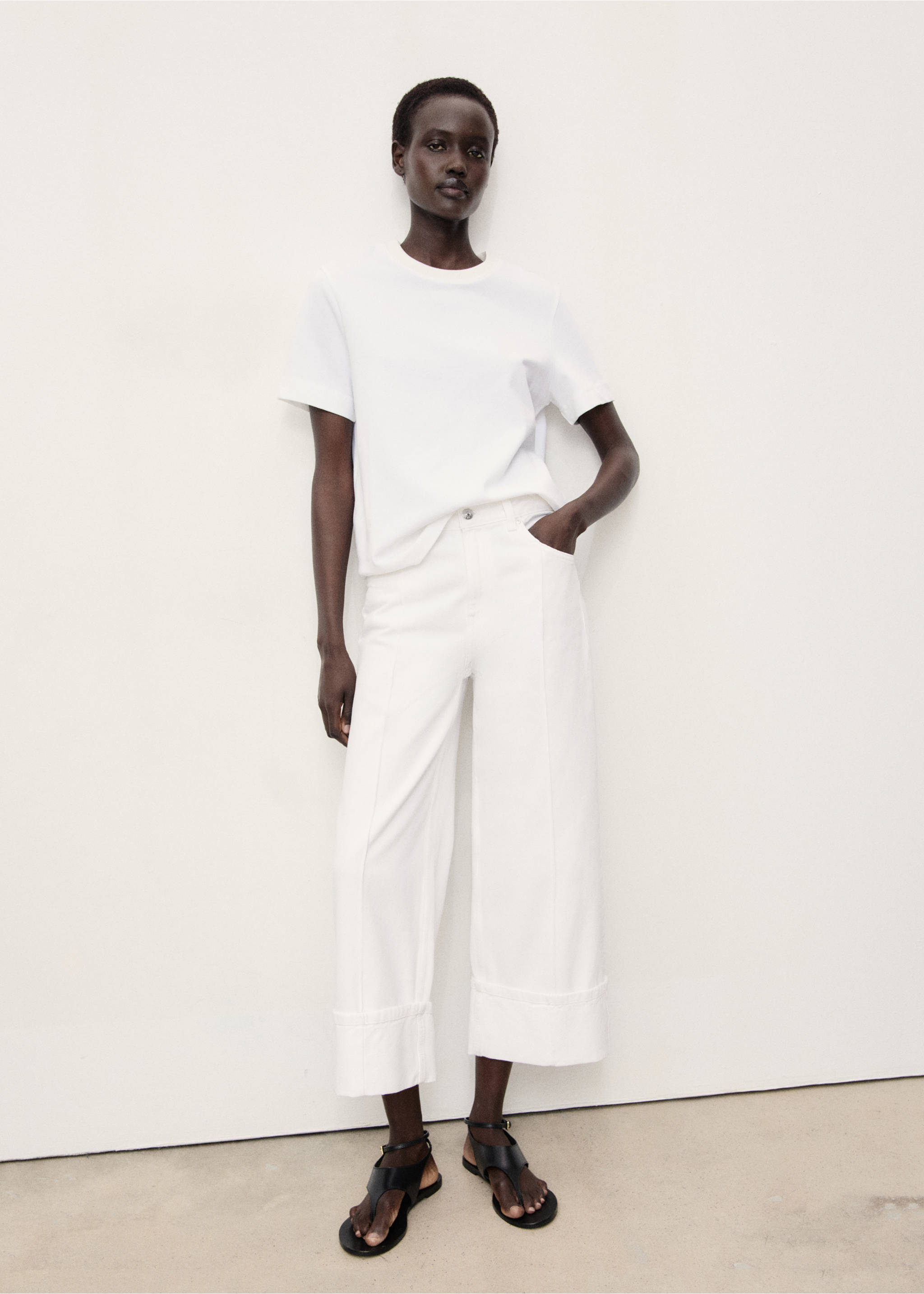 Wide leg cropped jeans with turned-up hem - General plane, White. Ref: 17061174-00.