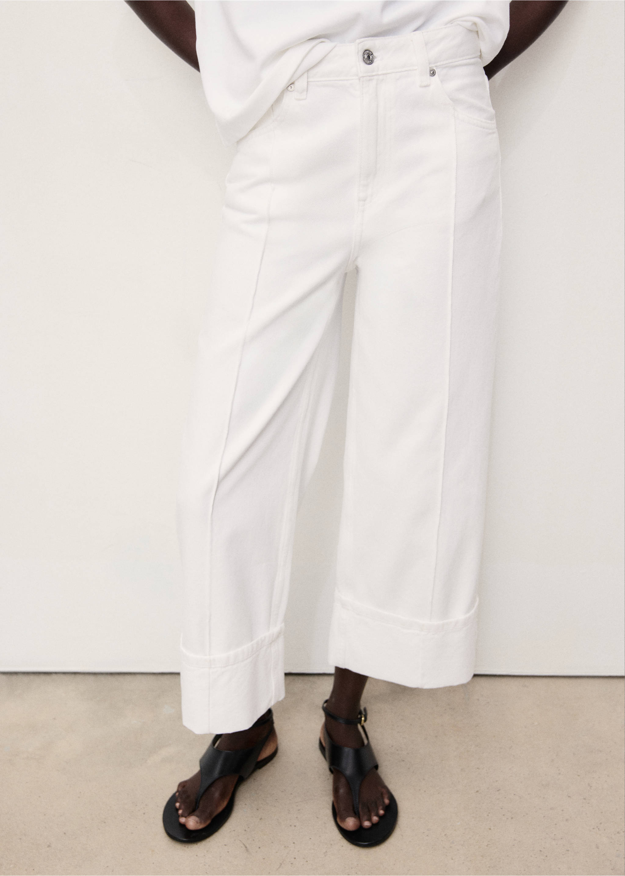 Wide leg cropped jeans with turned-up hem - Medium plane, White. Ref: 17061174-00.
