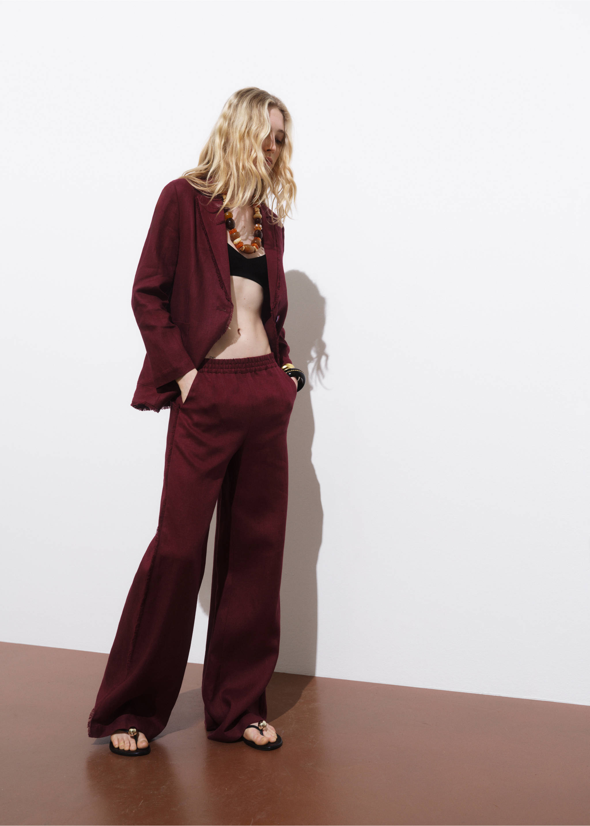 Linen suit jacket with frayed ends - General plane, Wine. Ref: 17061214-00.