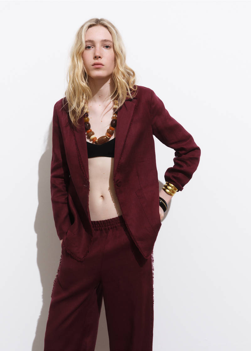 Linen suit blazer with frayed ends - Wine