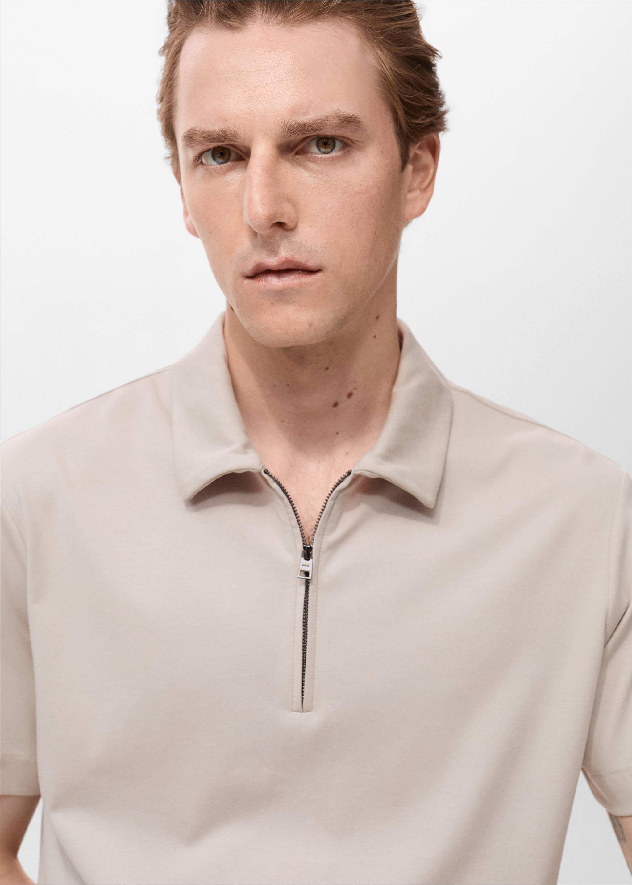 Zip neck polo shirt - Details of the article 1, Sand. Ref: 17061229-00.