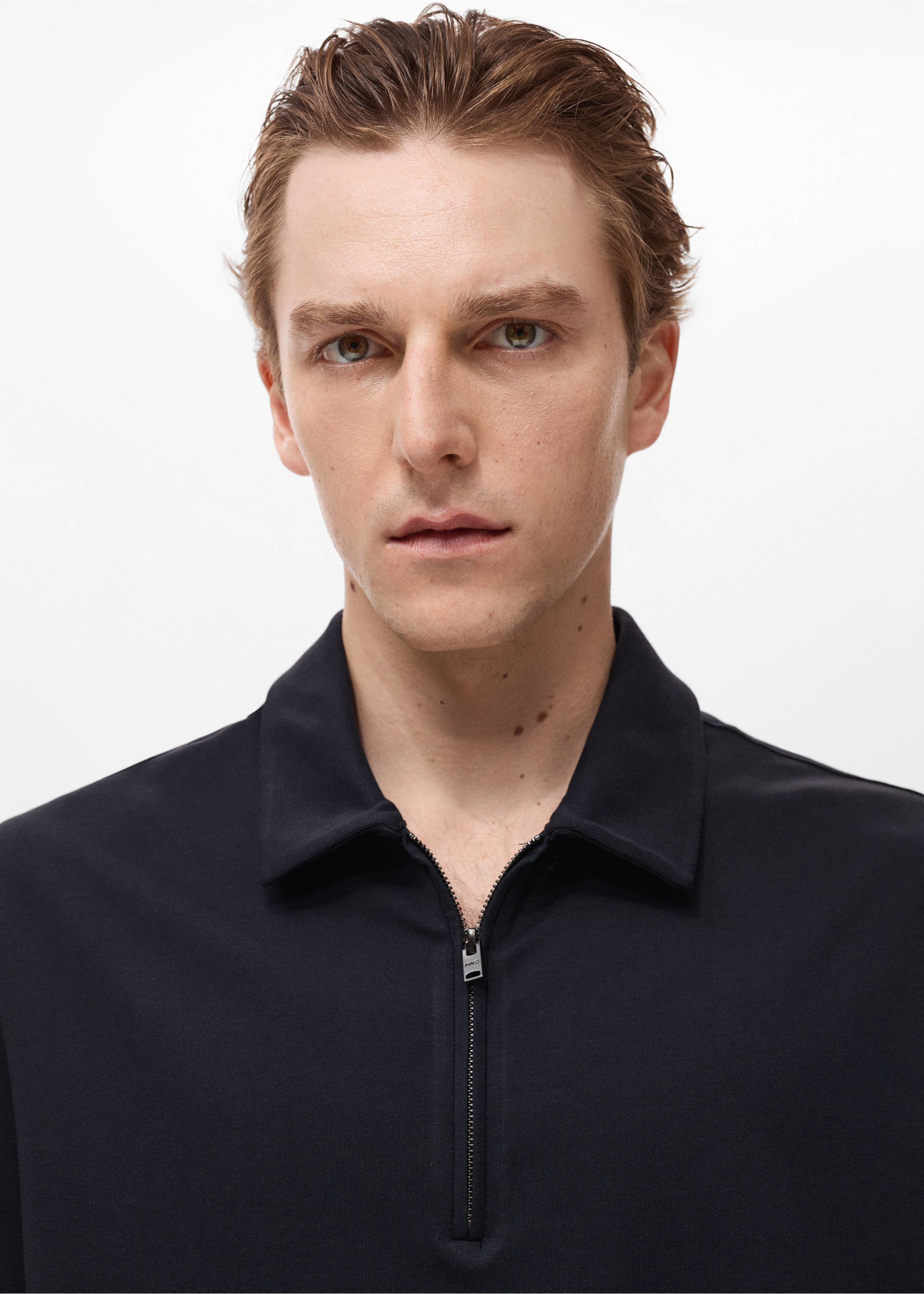 Zip neck polo shirt - Details of the article 1, Navy. Ref: 17061229-00.