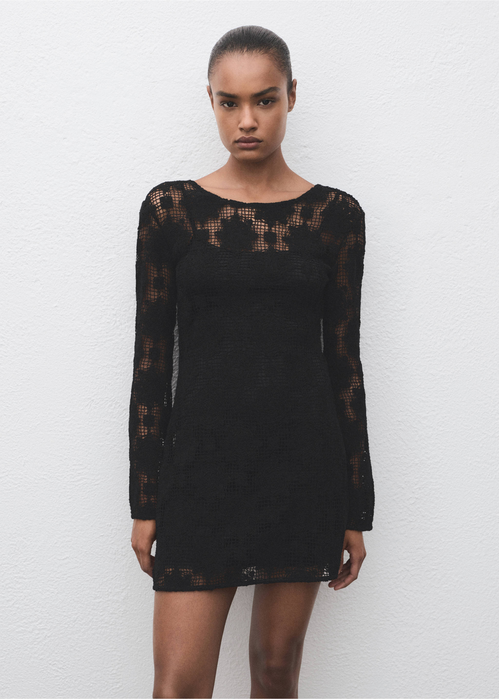 Crochet dress with back neckline - Medium plane, Black. Ref: 17061236-00.
