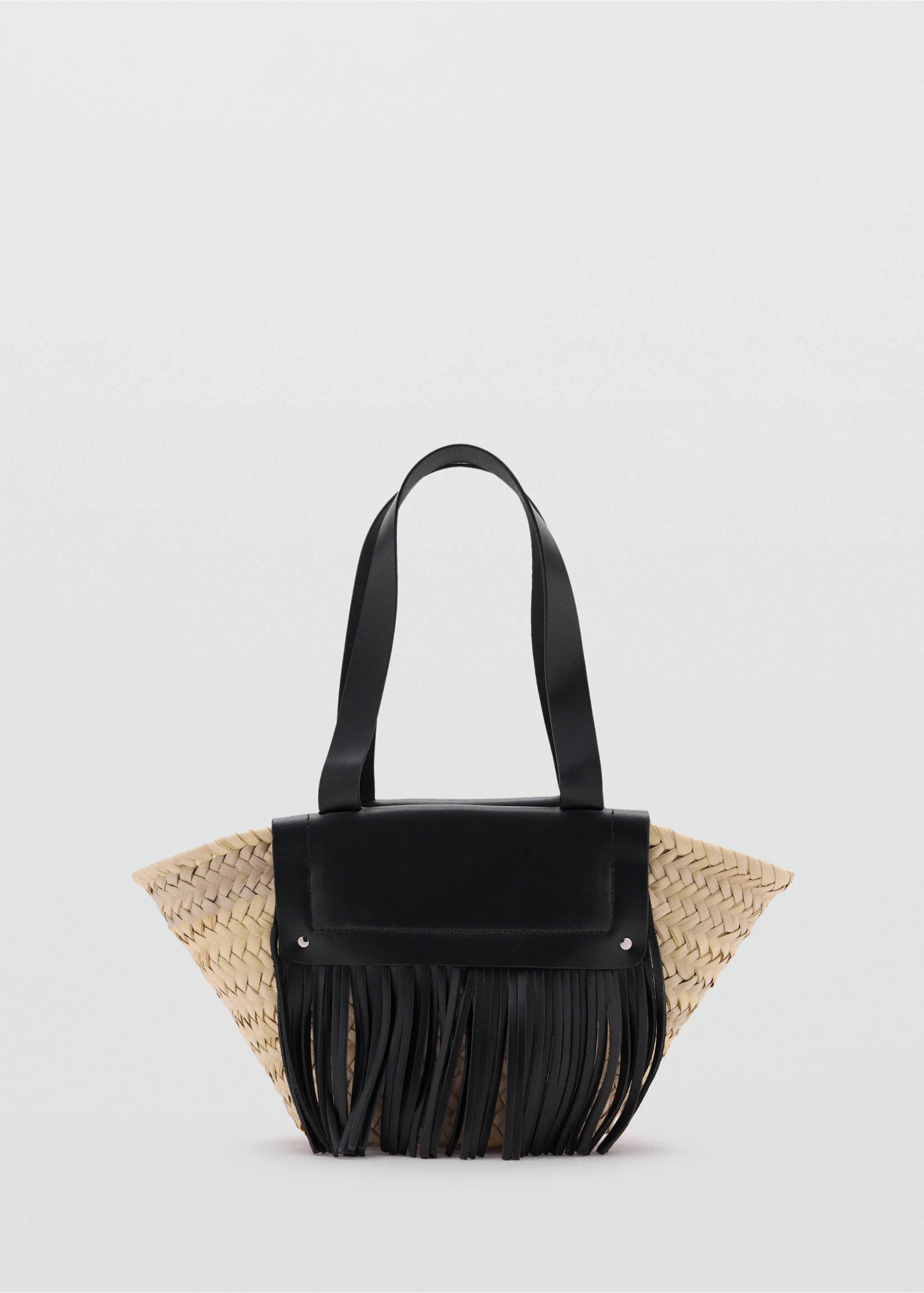 Small natural fibre basket with leather fringes - Article without model, Black. Ref: 17061240-00.