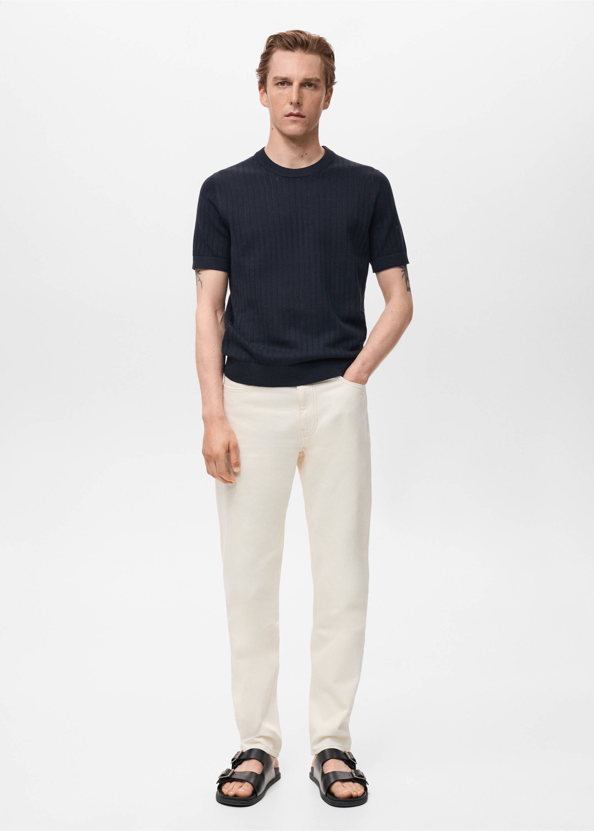 Striped openwork cotton t-shirt - General plane, Navy. Ref: 17061246-00.