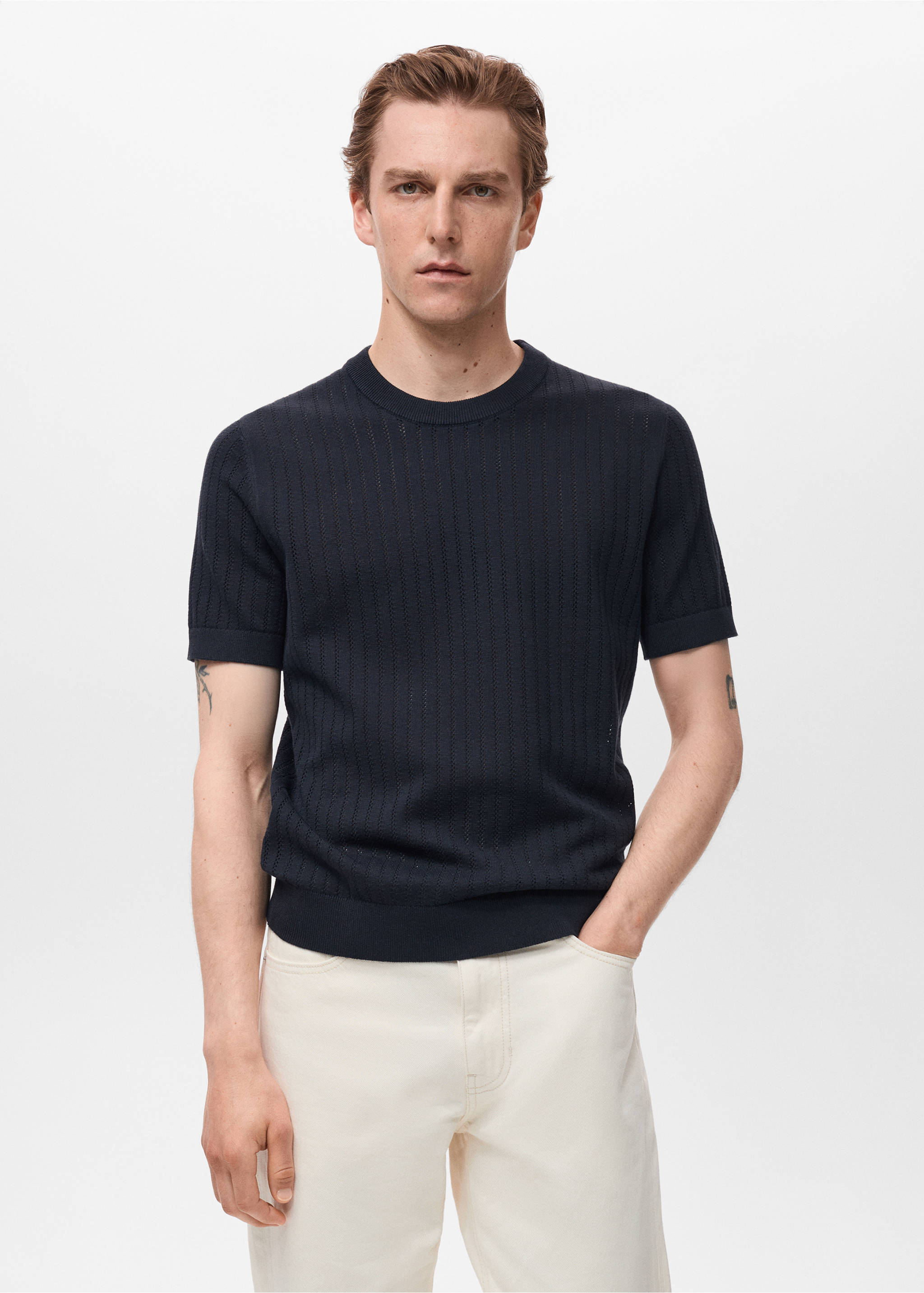Striped openwork cotton t-shirt - Medium plane, Navy. Ref: 17061246-00.