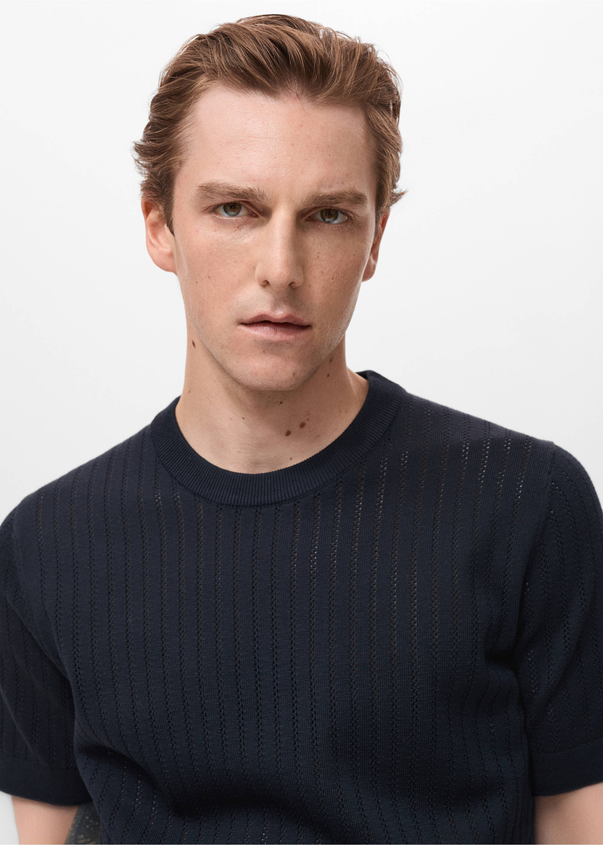 Striped openwork cotton t-shirt - Details of the article 1, Navy. Ref: 17061246-00.