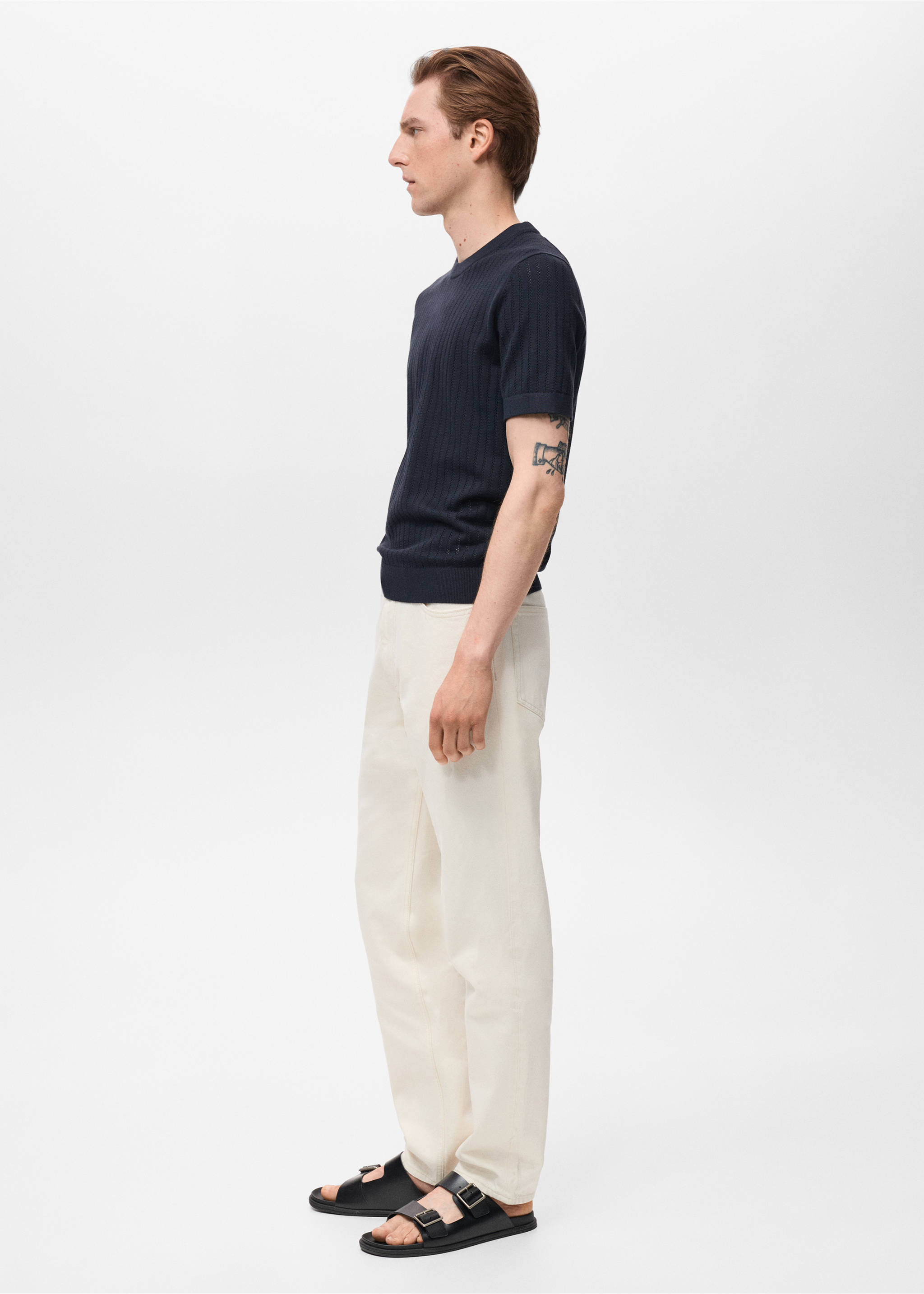 Striped openwork cotton t-shirt - Details of the article 2, Navy. Ref: 17061246-00.