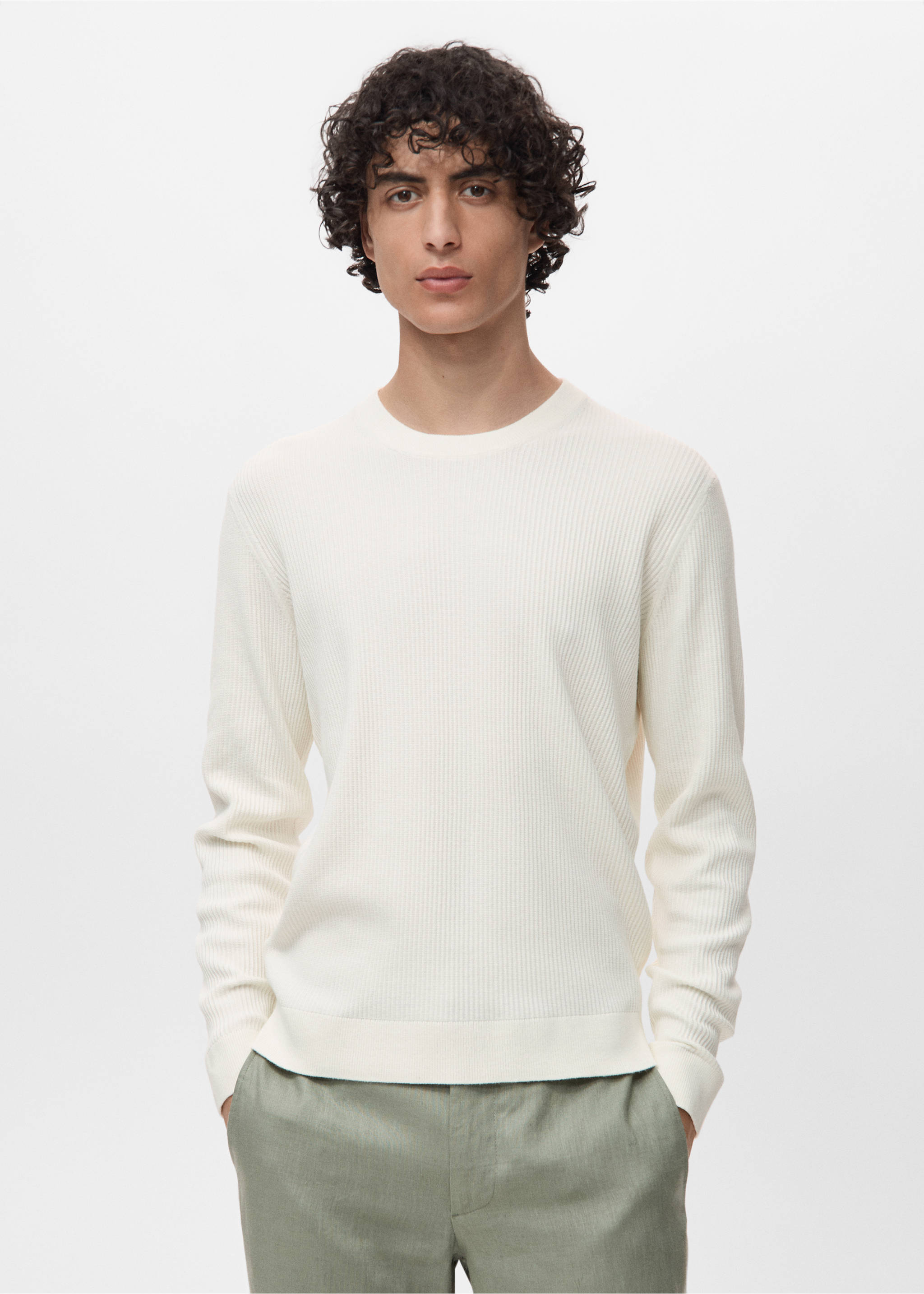 Fine rib-knit cotton sweater - Medium plane, Off White. Ref: 17061248-00.
