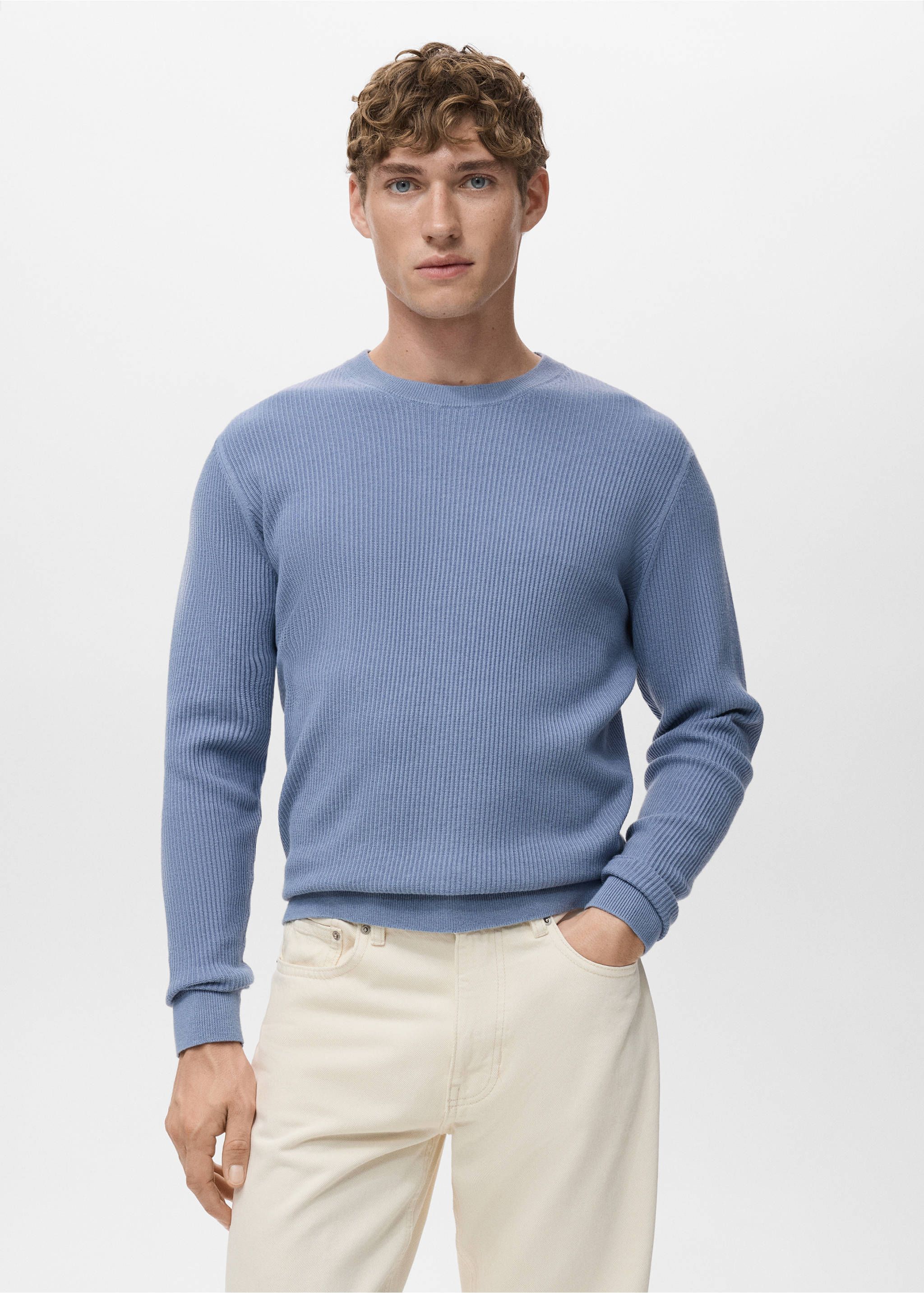 Fine rib-knit cotton sweater - Medium plane, China Blue. Ref: 17061248-00.