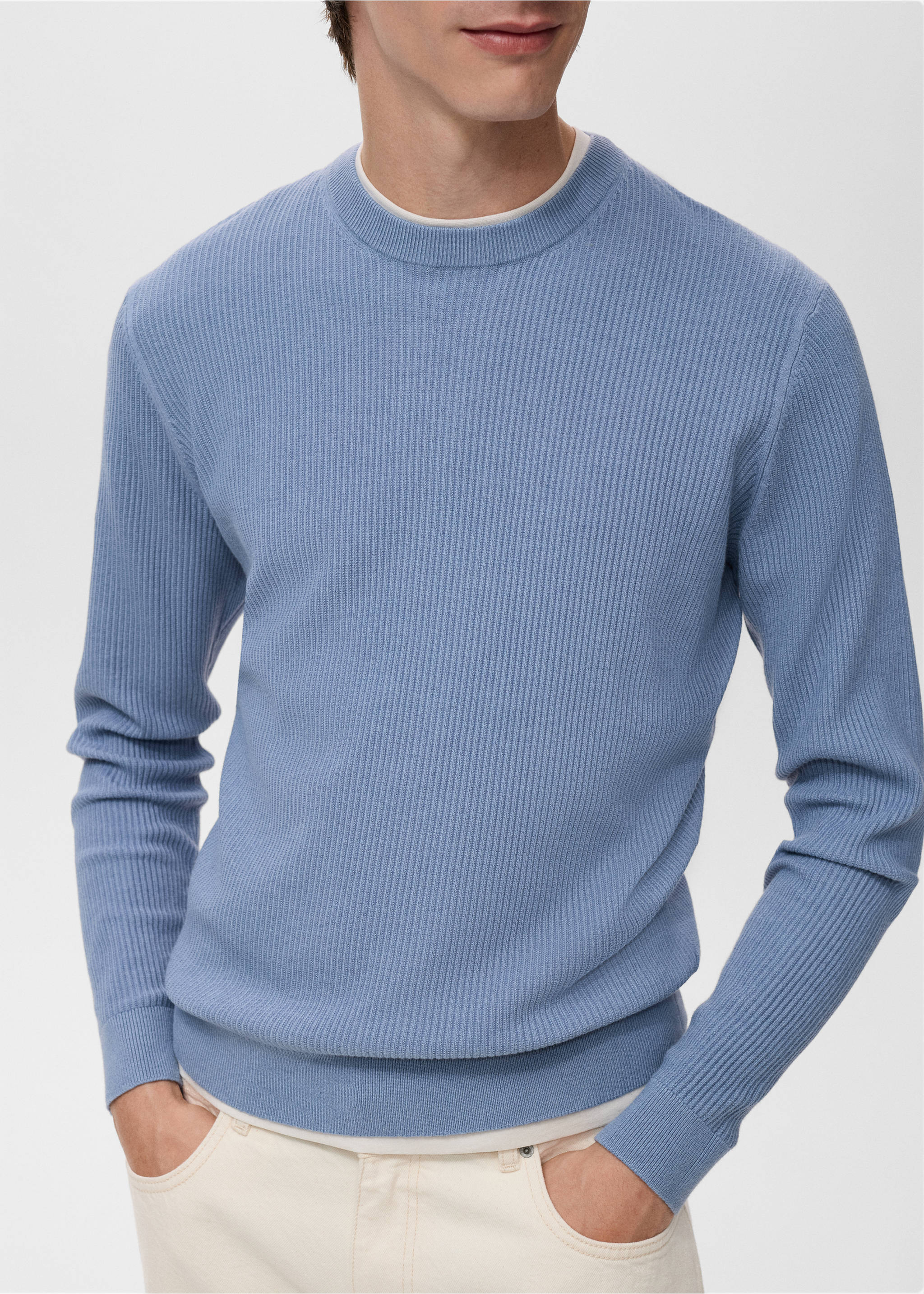 Fine rib-knit cotton sweater - Details of the article 6, China Blue. Ref: 17061248-00.