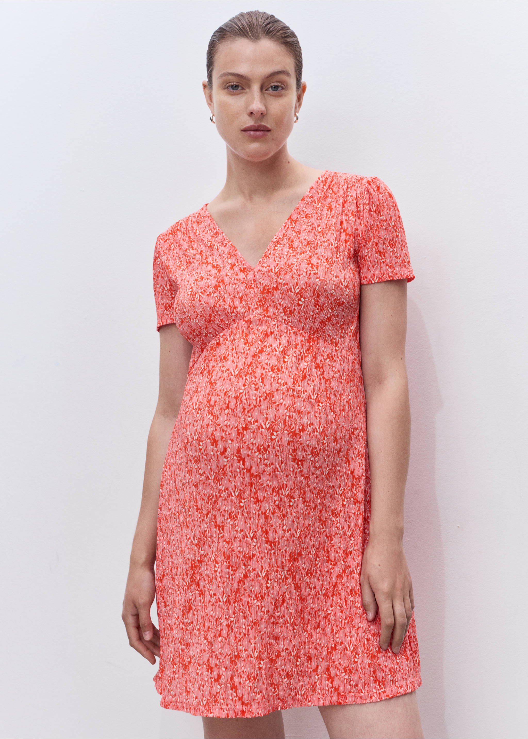 Maternity dress with floral texture - Medium plane, Coral Red. Ref: 17061249-00.