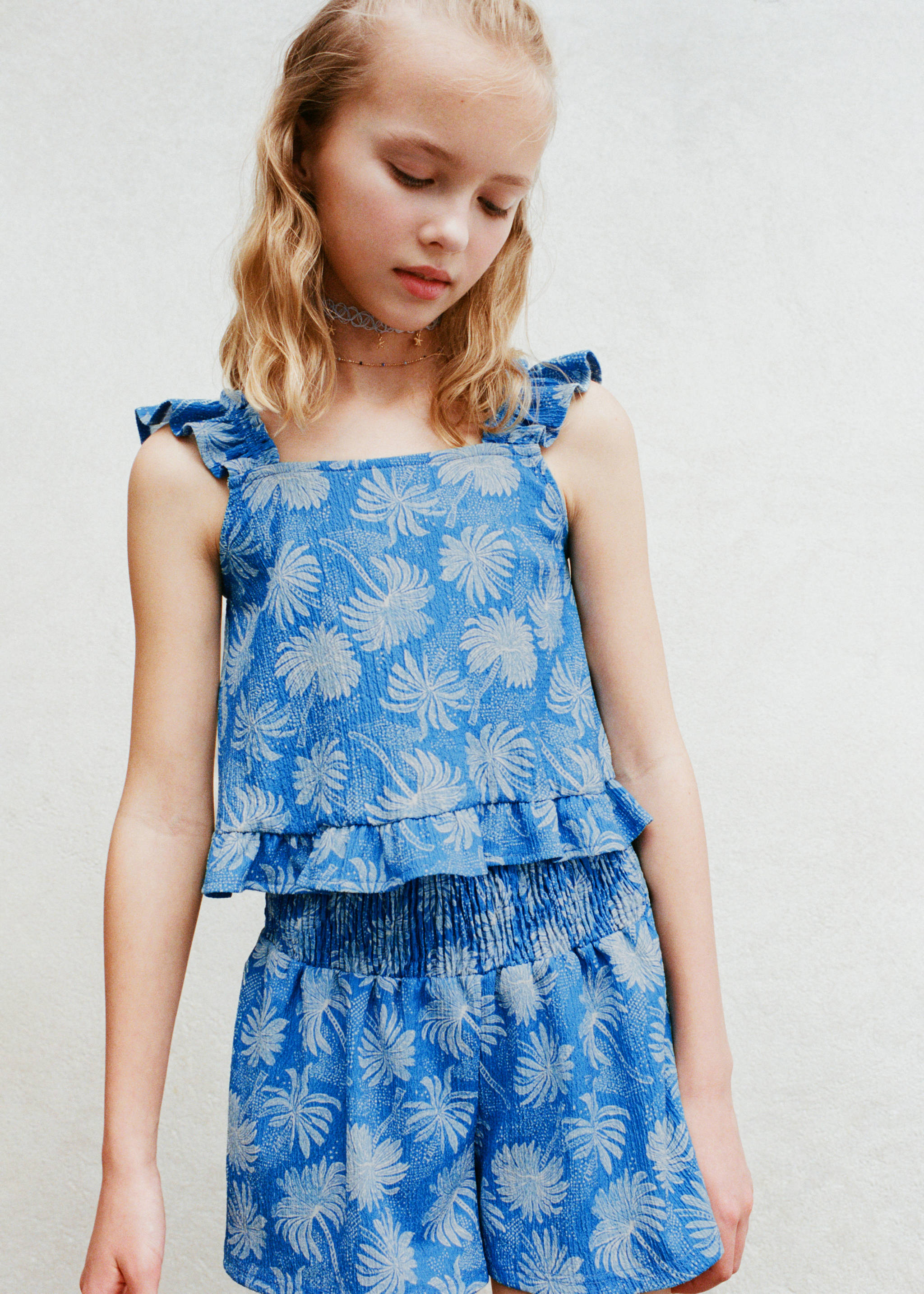 Printed ruffle top - Details of the article 7, Blue. Ref: 17061250-00.
