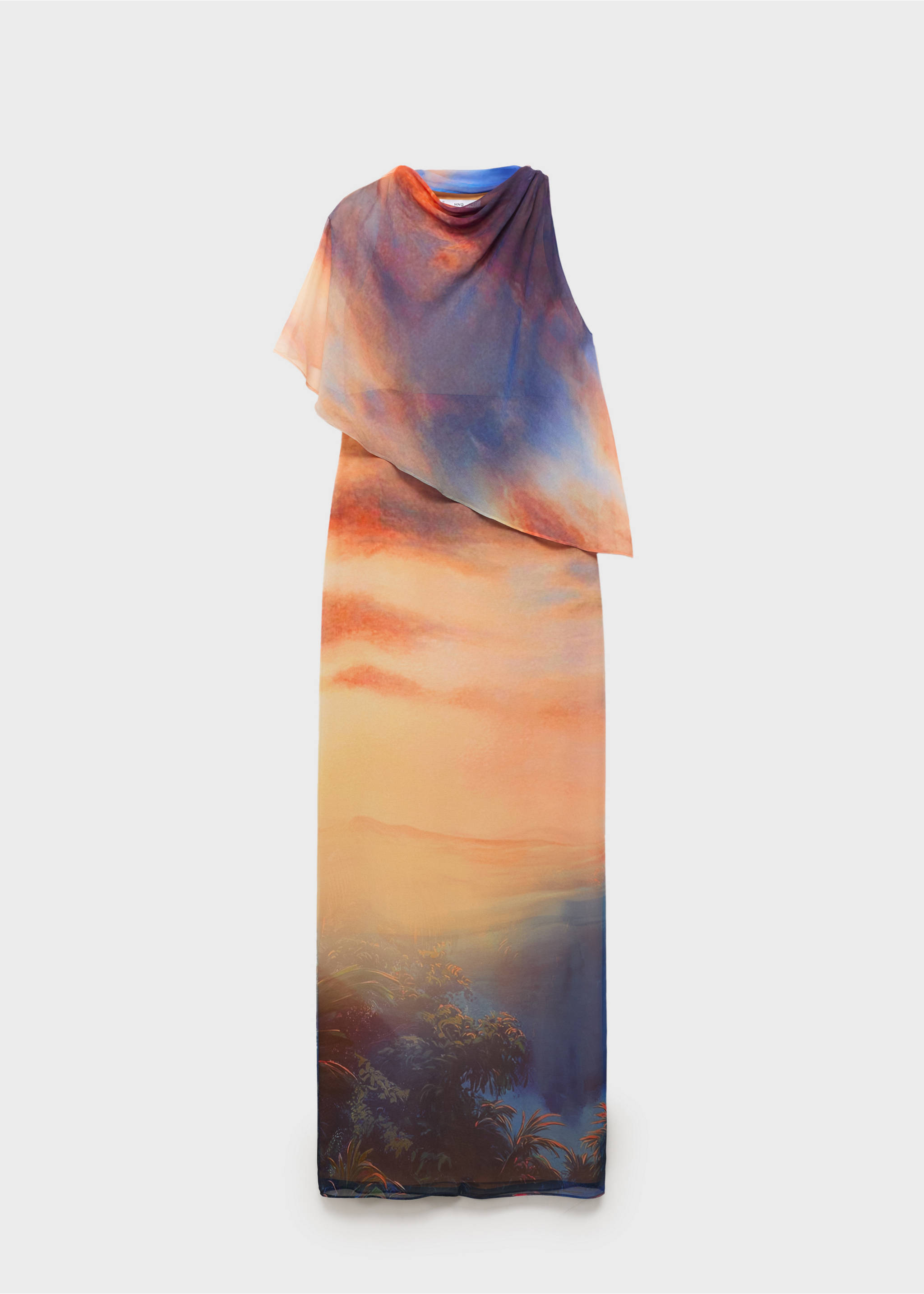 Gemustertes Kleid mit asymmetrischem Cape - Artikel ohne Model, Orange. Ref: 17061260-00.