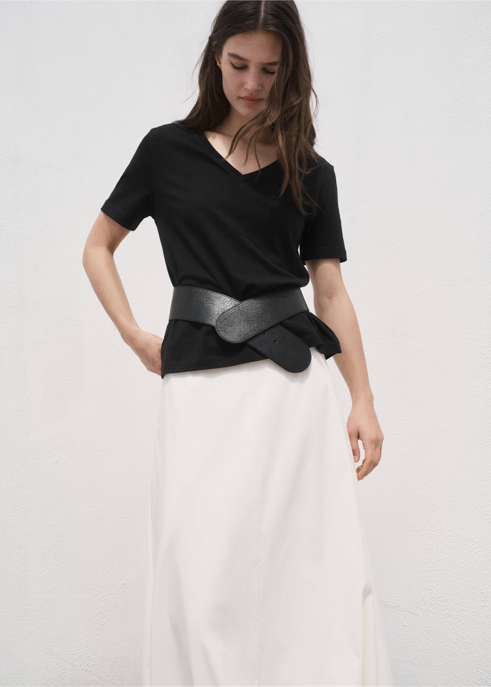 Camiseta algodón cuello pico - Plano medio, Negro. Ref: 17061516-00.