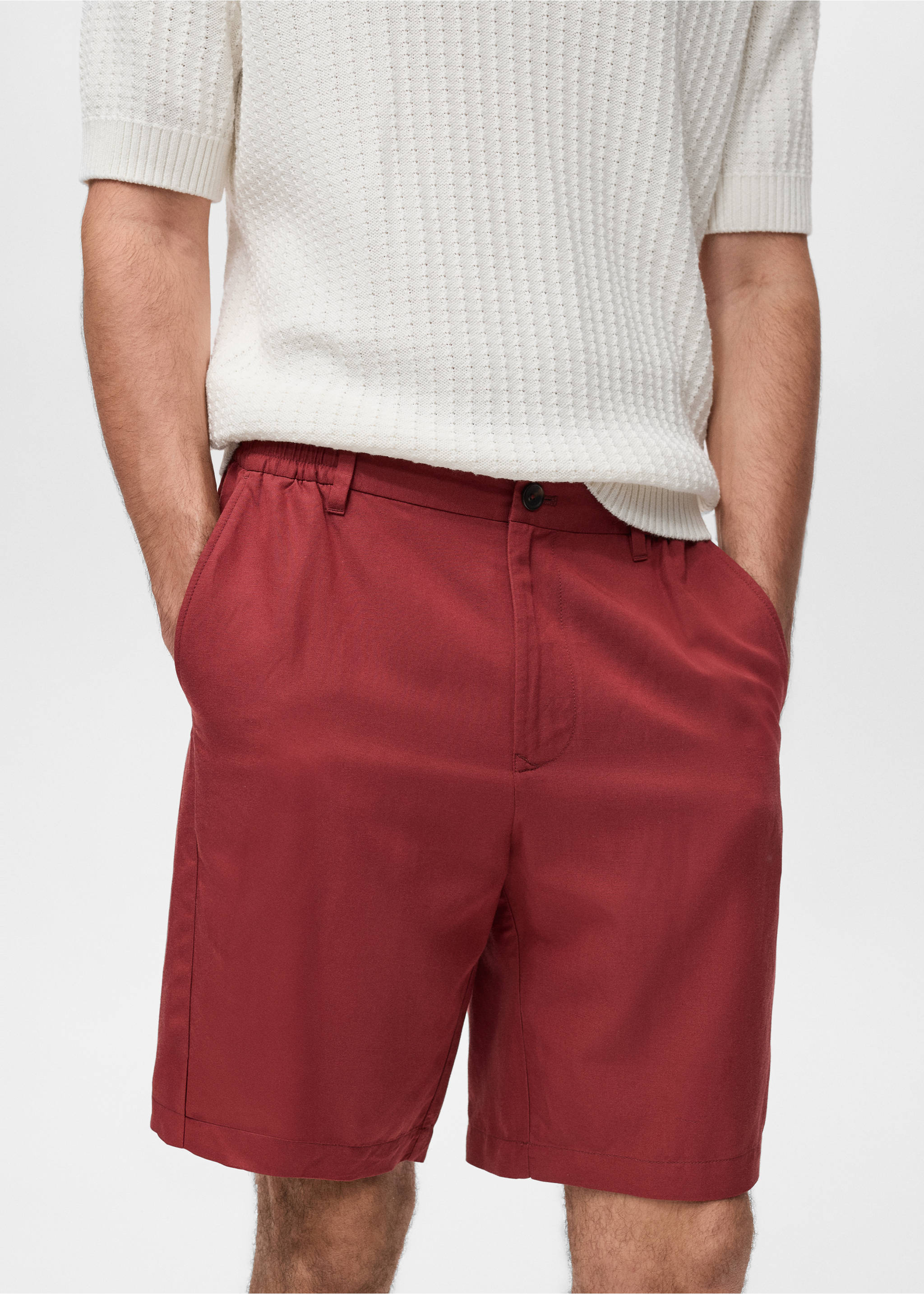 Bermudas en lin mélangé taille élastique - Détail de l'article 1, Cerise. Ref: 17062902-00.