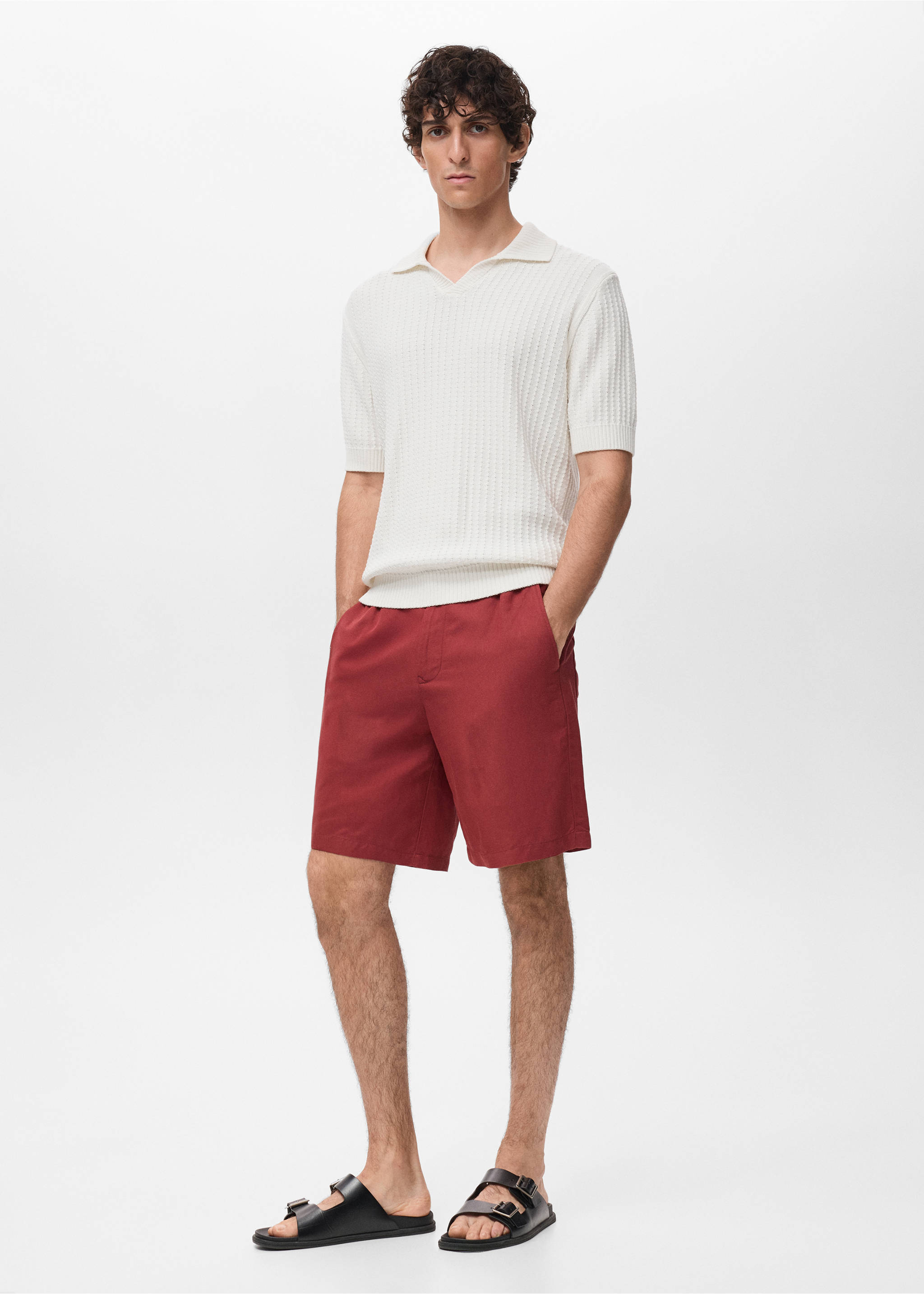 Bermudas en lin mélangé taille élastique - Détail de l'article 2, Cerise. Ref: 17062902-00.