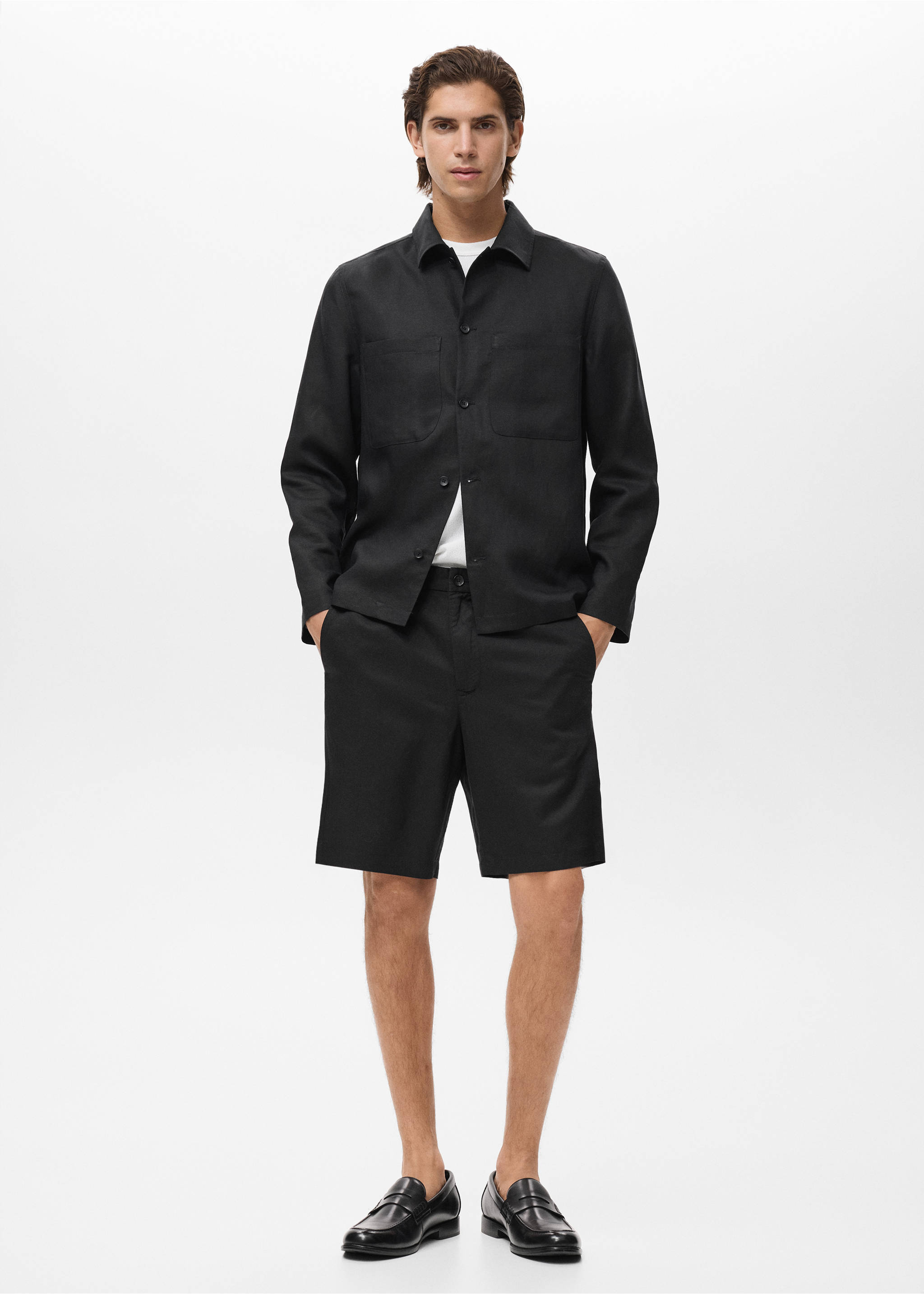 Linen-blend shorts with an elastic waistband - General plane, Black. Ref: 17062902-00.