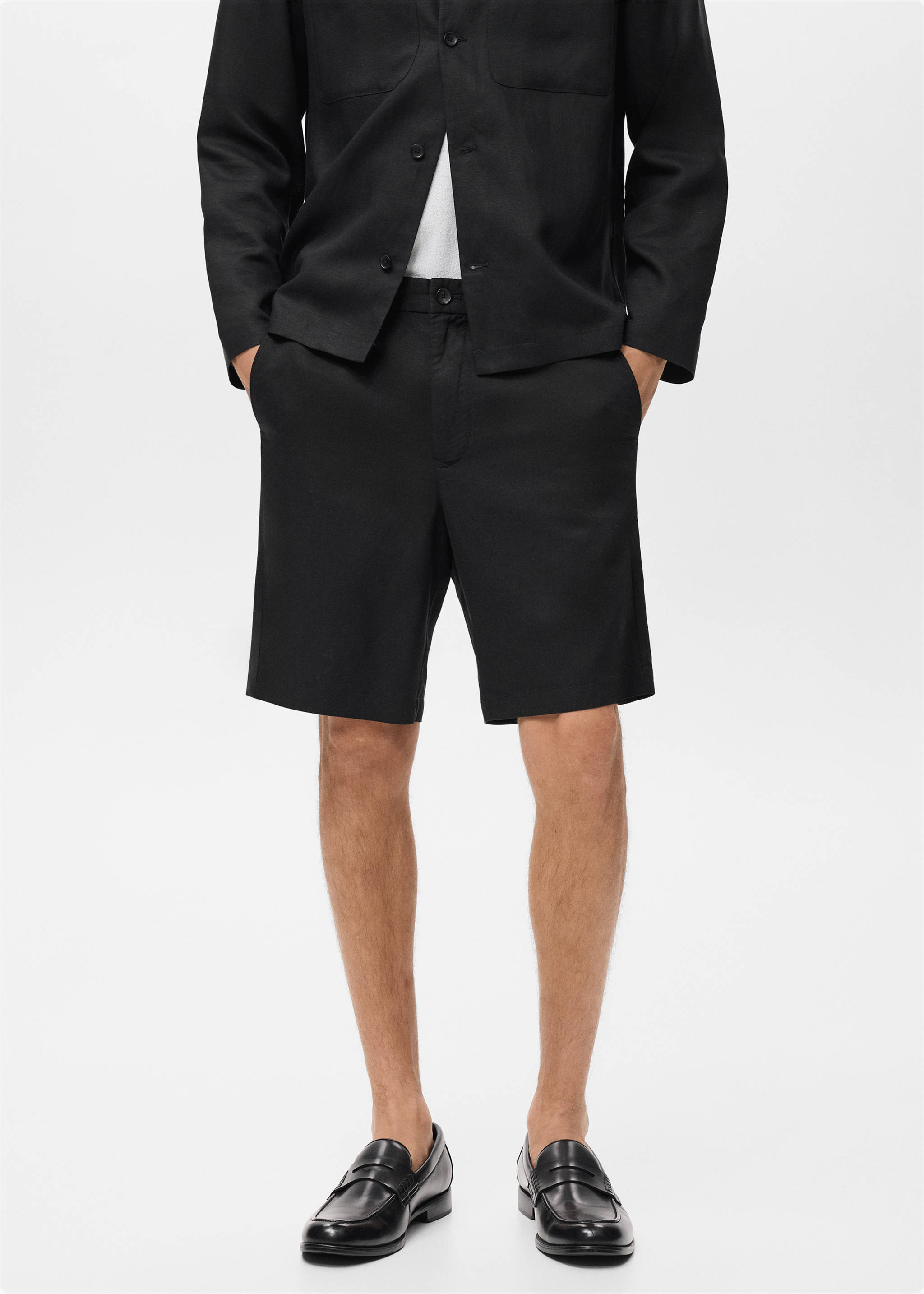 Linen-blend shorts with an elastic waistband - Medium plane, Black. Ref: 17062902-00.