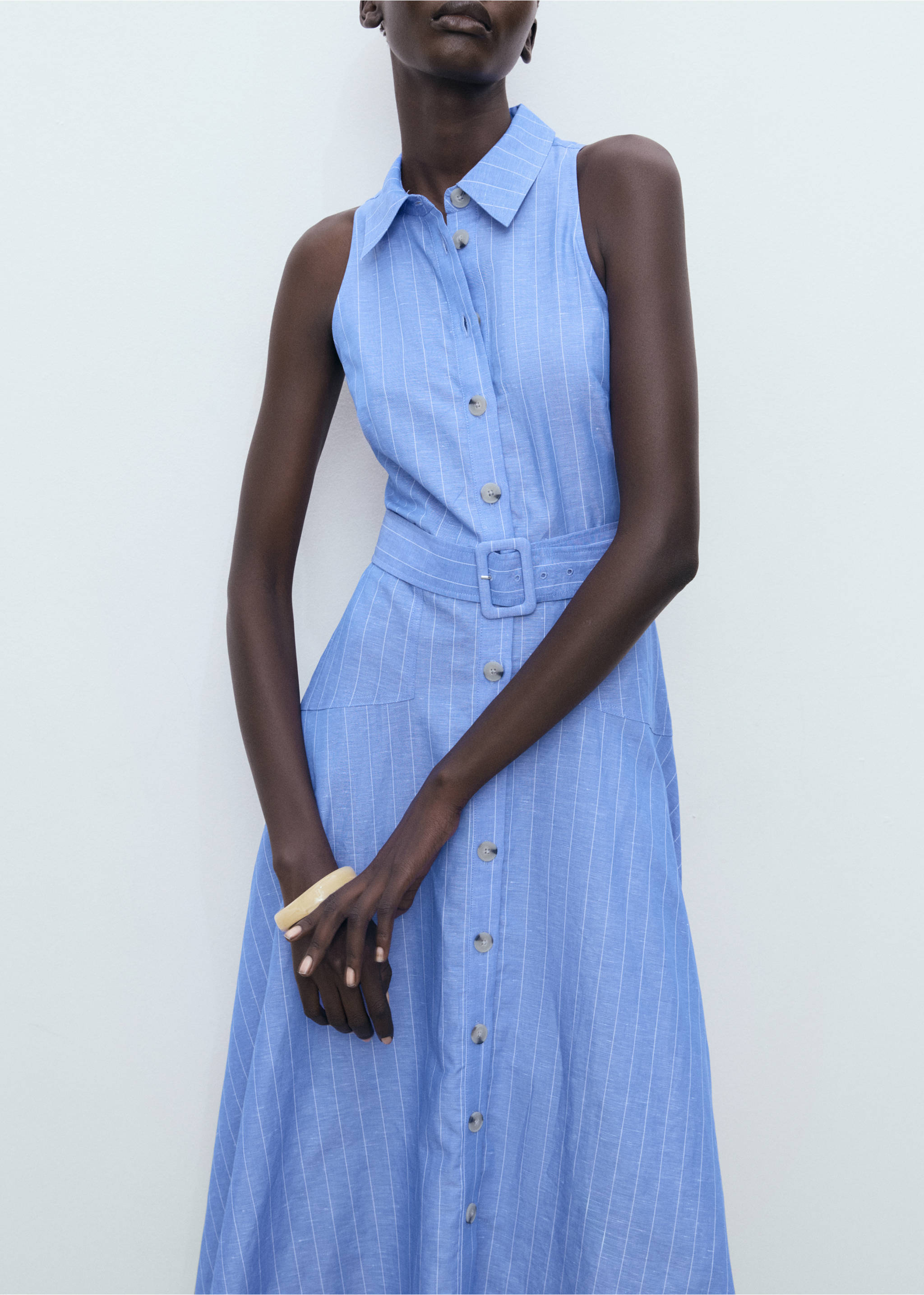 Striped linen-blend shirt-style dress - Medium plane, Blue. Ref: 17062908-00.