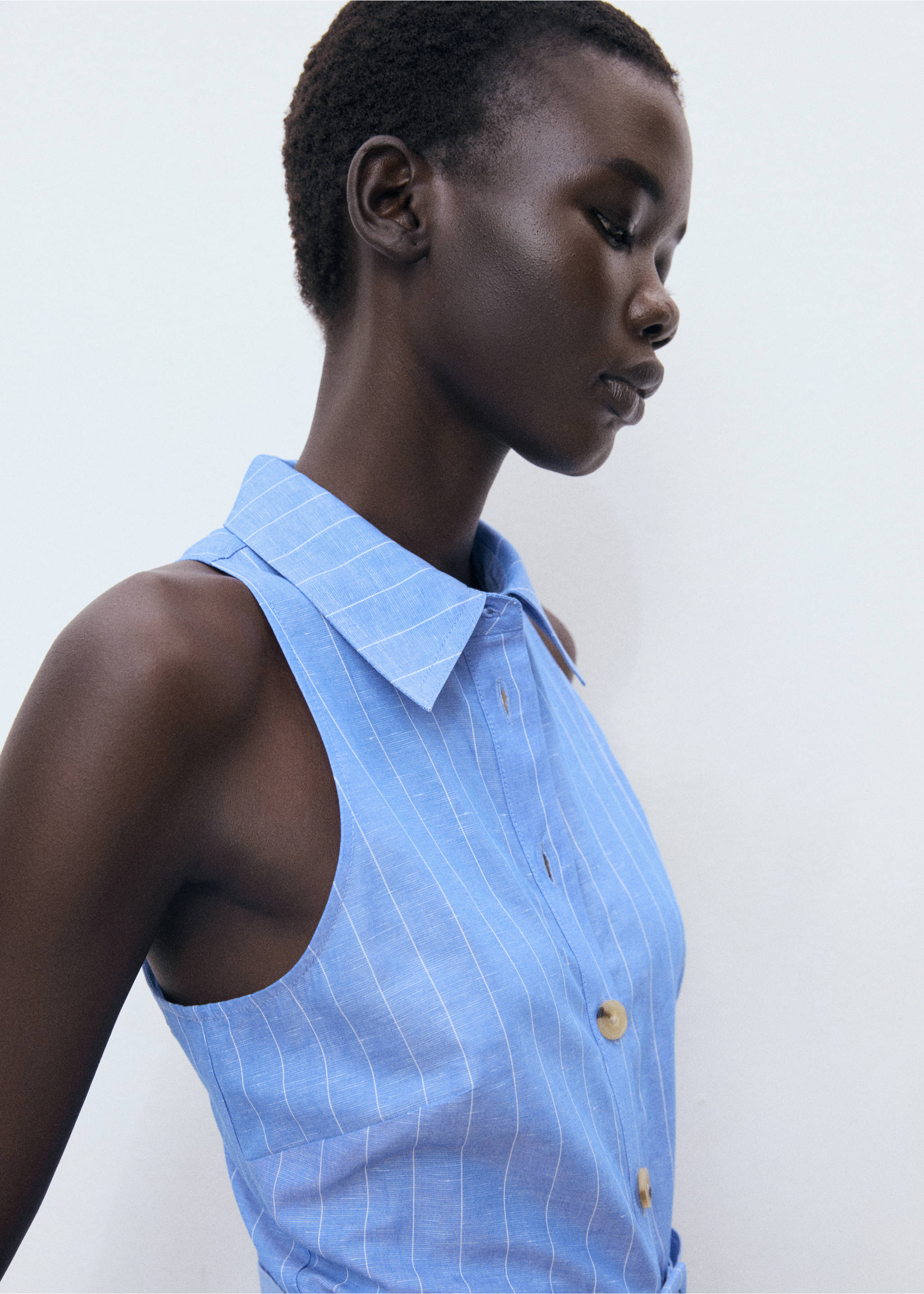 Striped linen-blend shirt-style dress - Details of the article 1, Blue. Ref: 17062908-00.