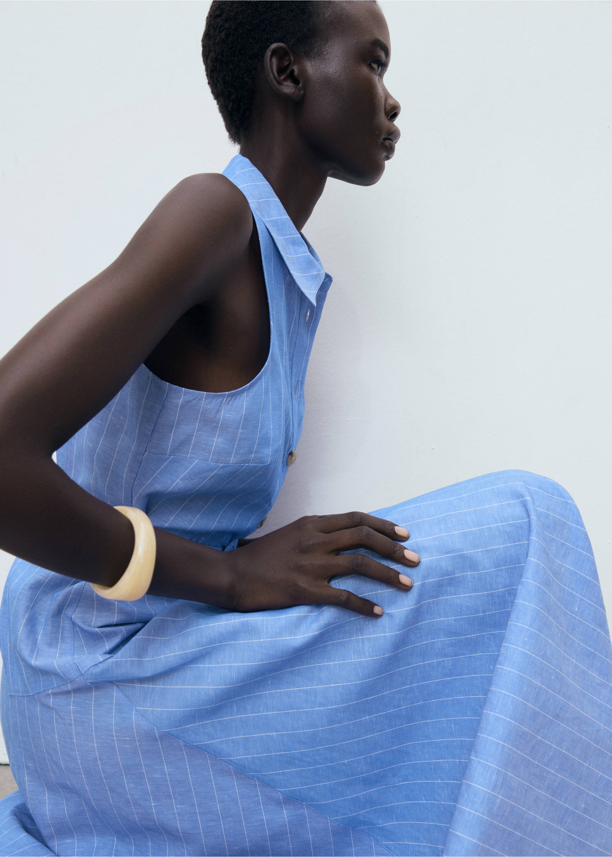 Striped linen-blend shirt-style dress - Details of the article 2, Blue. Ref: 17062908-00.