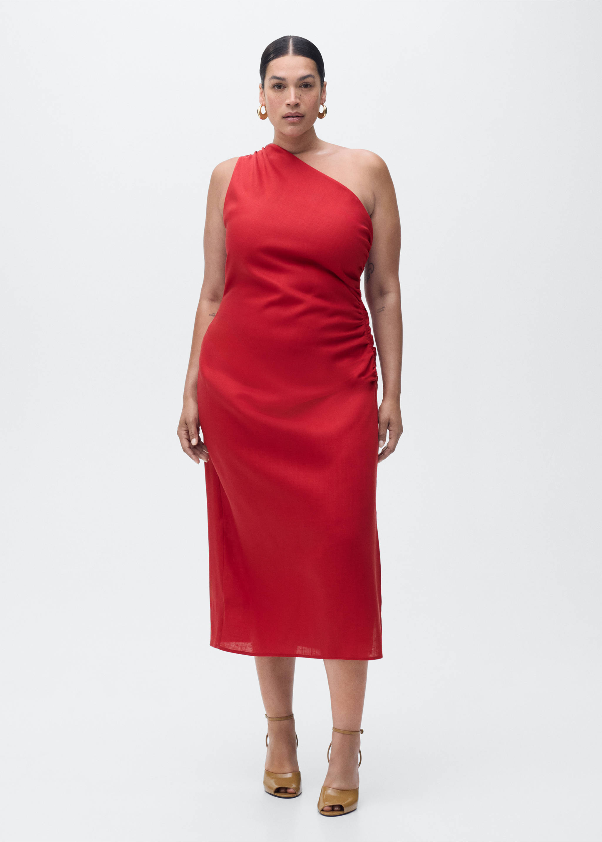 Lyocell dress with asymmetrical neckline - Details of the article 3, Red. Ref: 17062929-00.