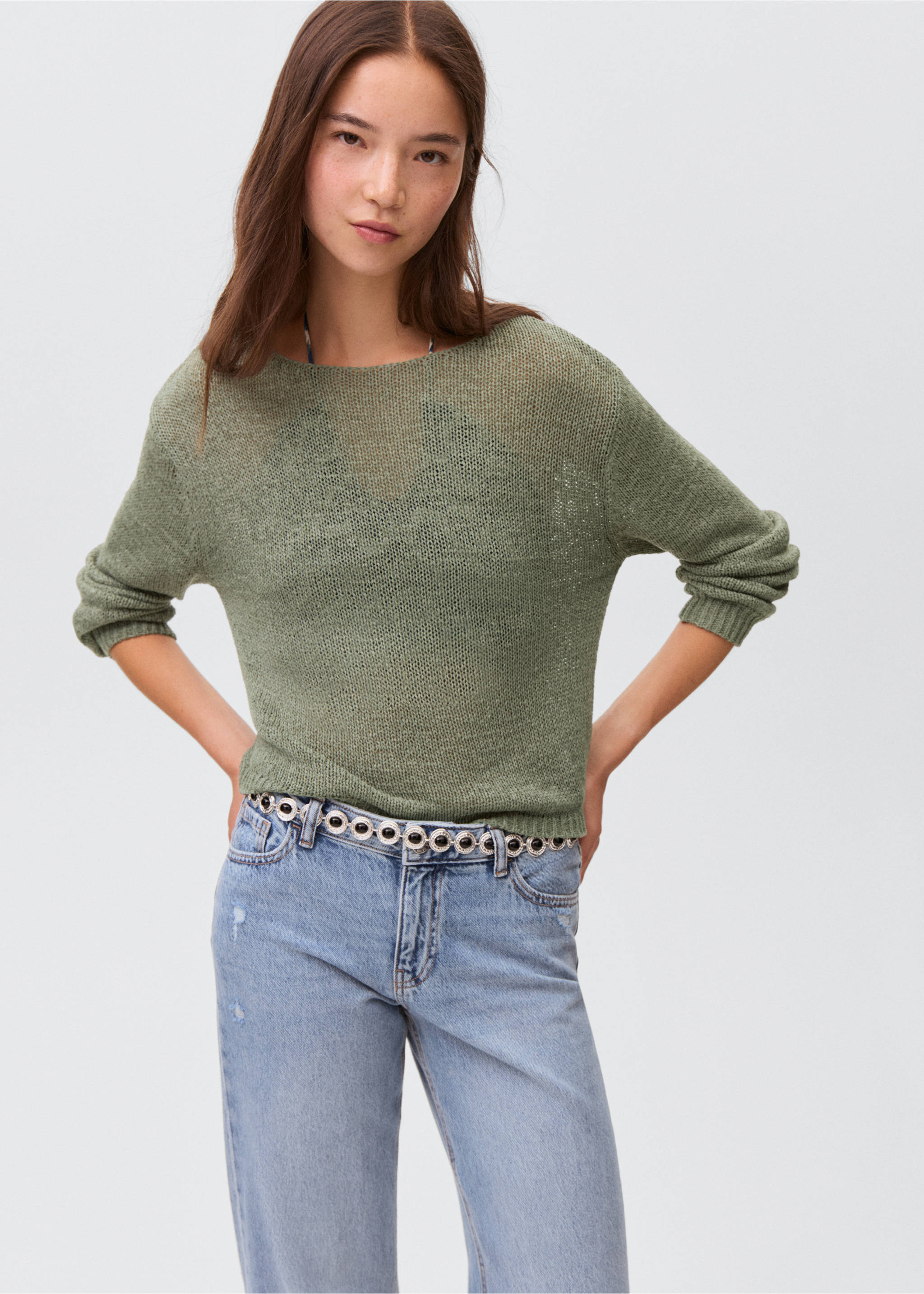 Openwork knit sweater - Medium plane, Khaki. Ref: 17063273-00.