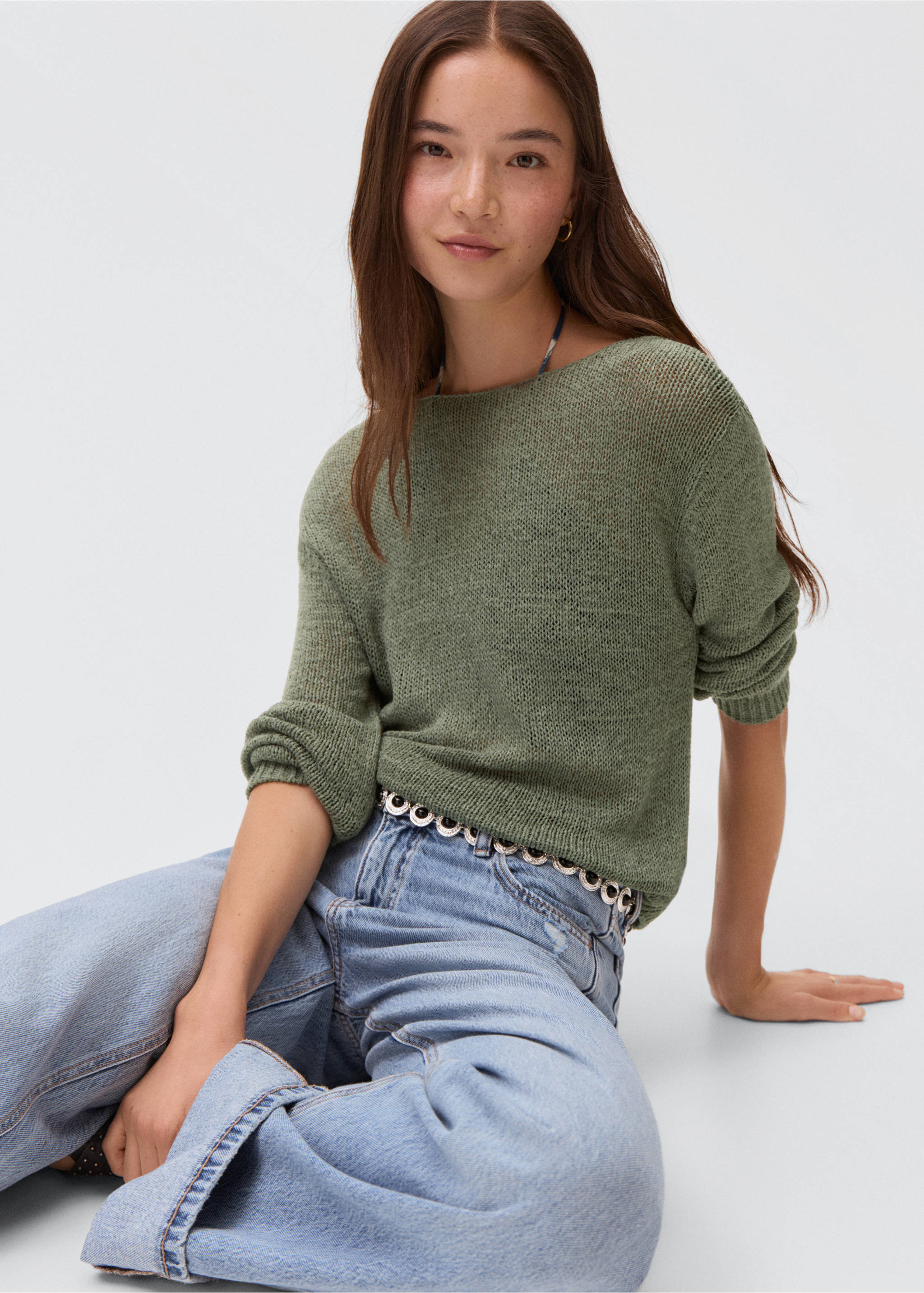 Openwork knit sweater - Details of the article 2, Khaki. Ref: 17063273-00.