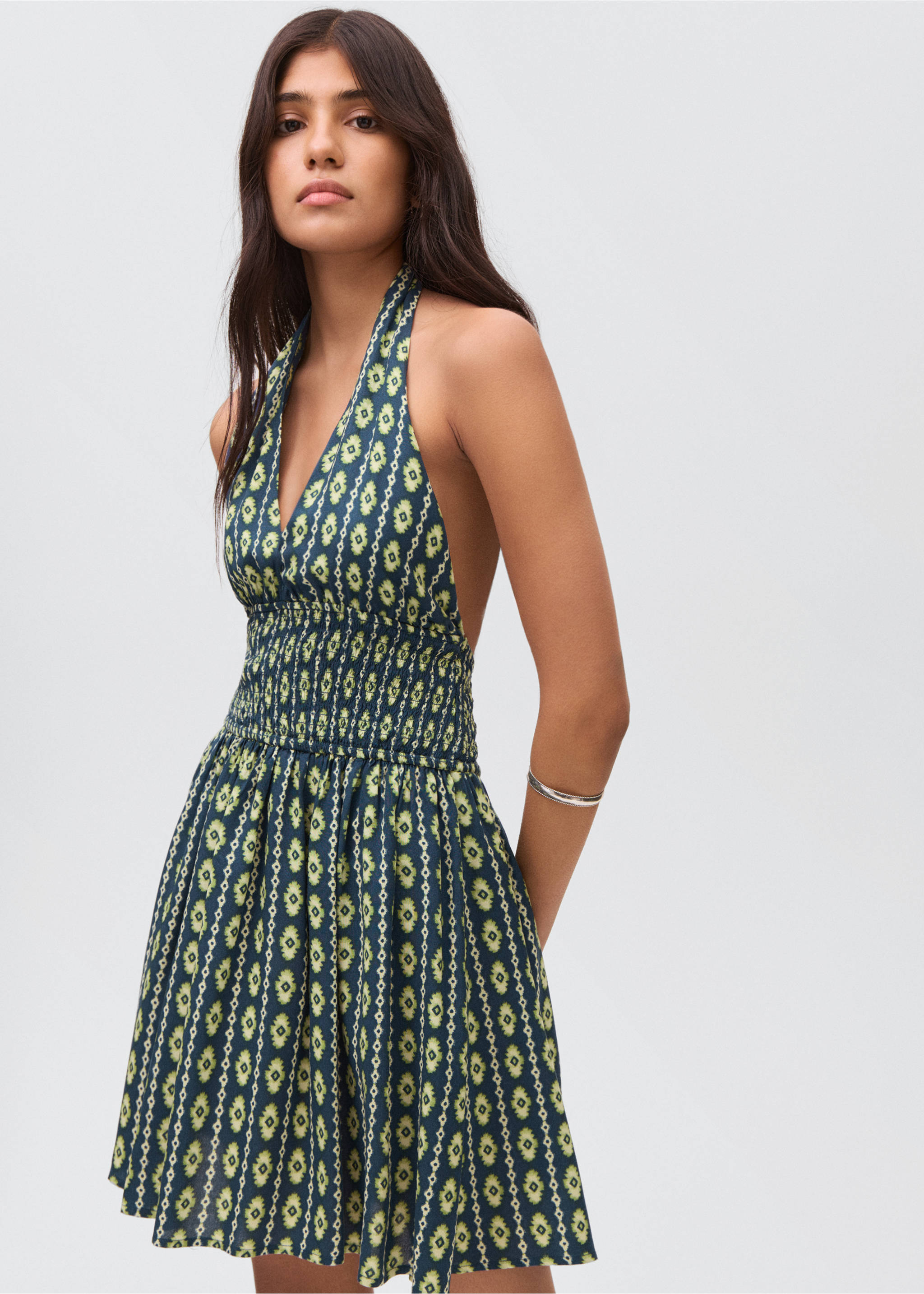 Printed halter-neck dress - Medium plane, Navy. Ref: 17063275-00.