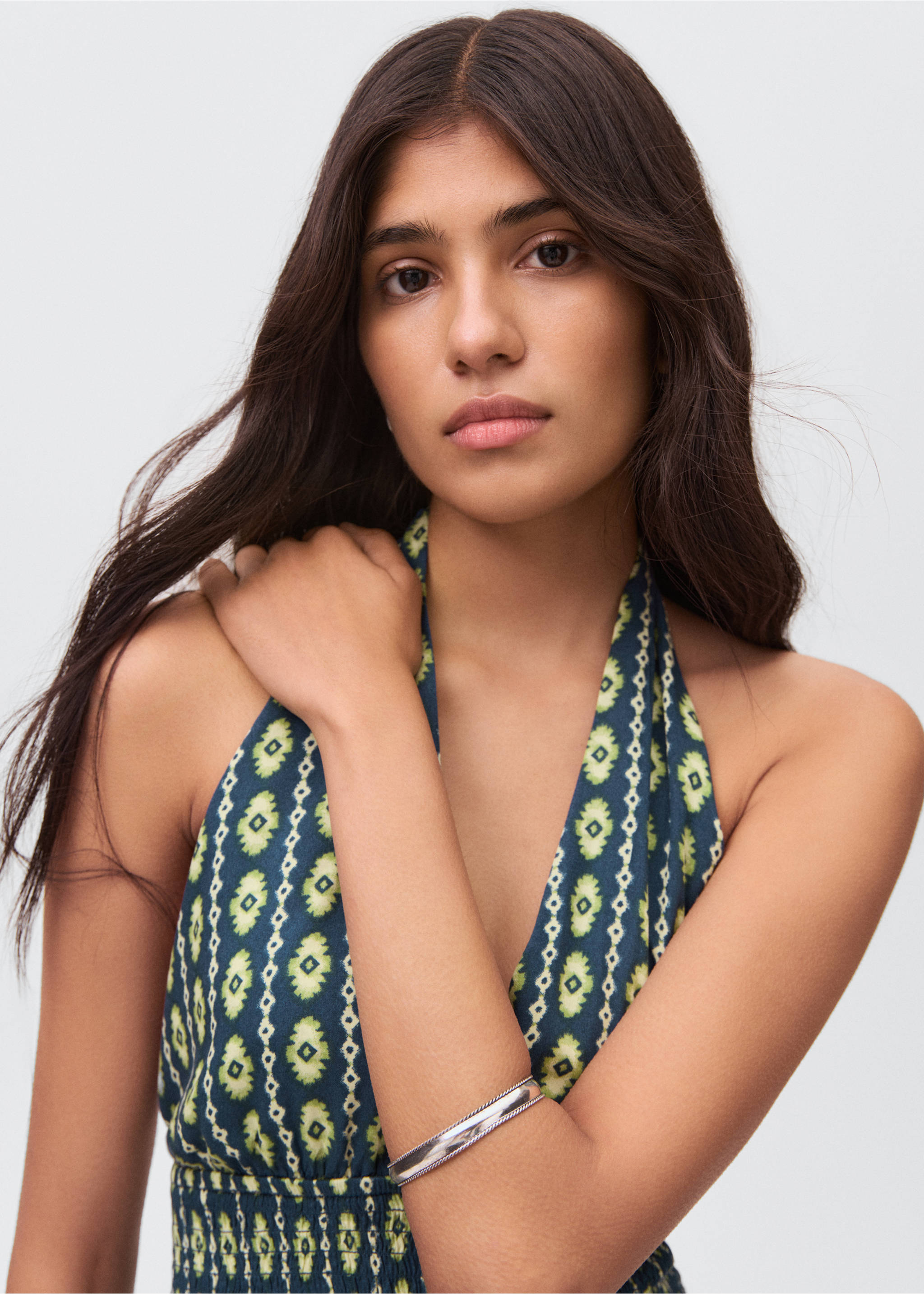 Printed halter-neck dress - Details of the article 1, Navy. Ref: 17063275-00.