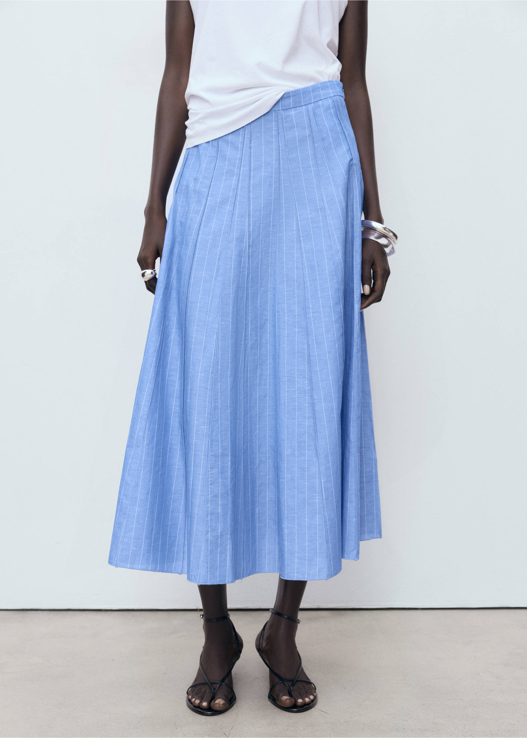 Striped linen-blend skirt - Medium plane, Blue. Ref: 17063276-00.