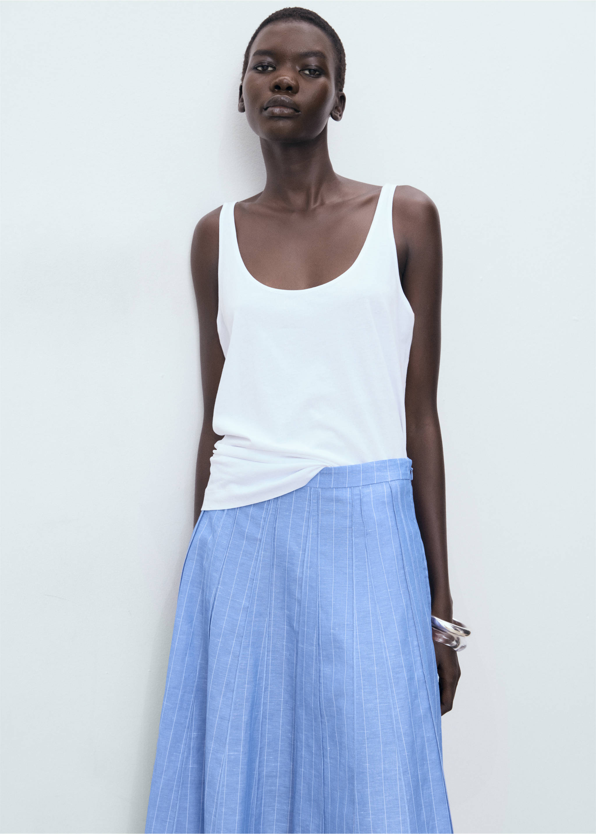 Striped linen-blend skirt - Details of the article 1, Blue. Ref: 17063276-00.