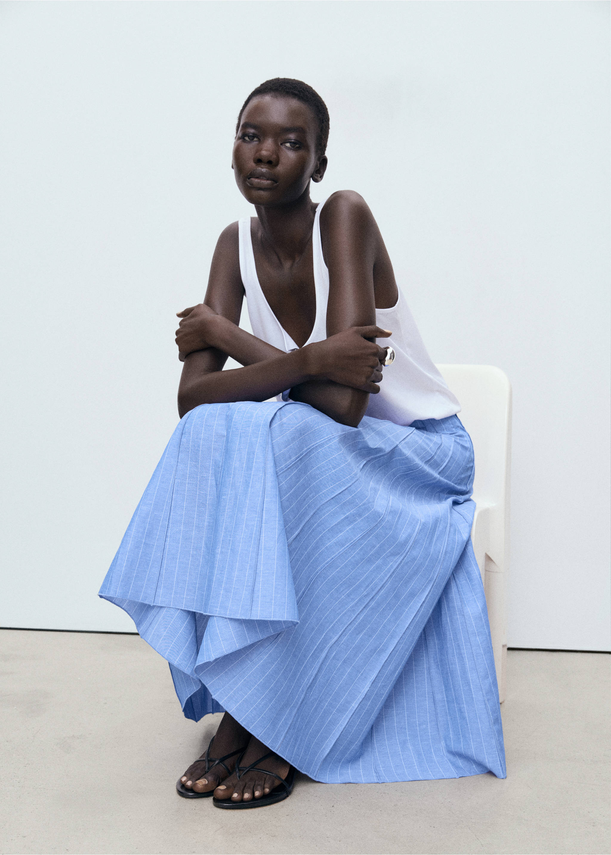 Striped linen-blend skirt - Details of the article 2, Blue. Ref: 17063276-00.