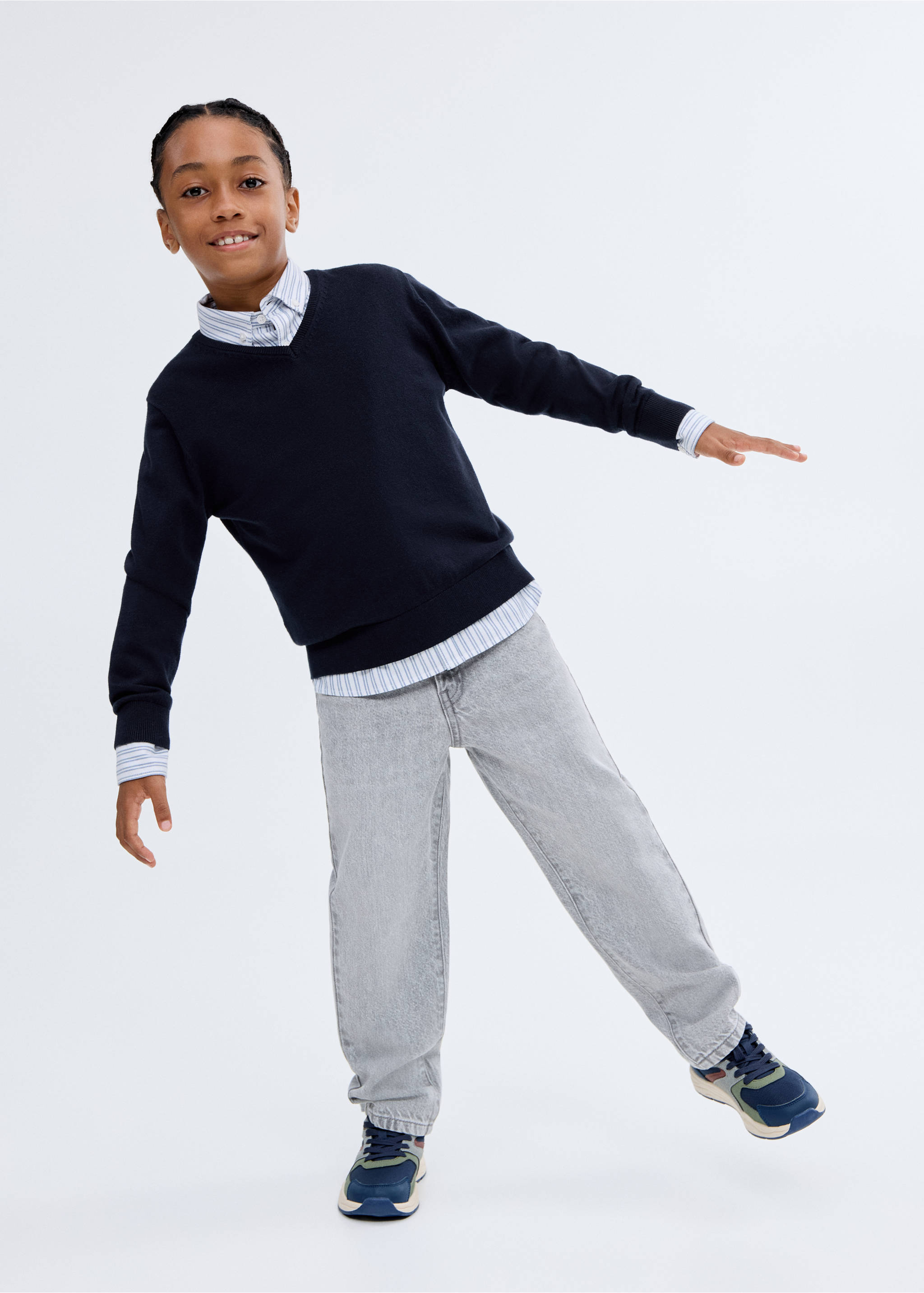 V-neck cotton sweater - Medium plane, Dark Navy. Ref: 17063792-00.