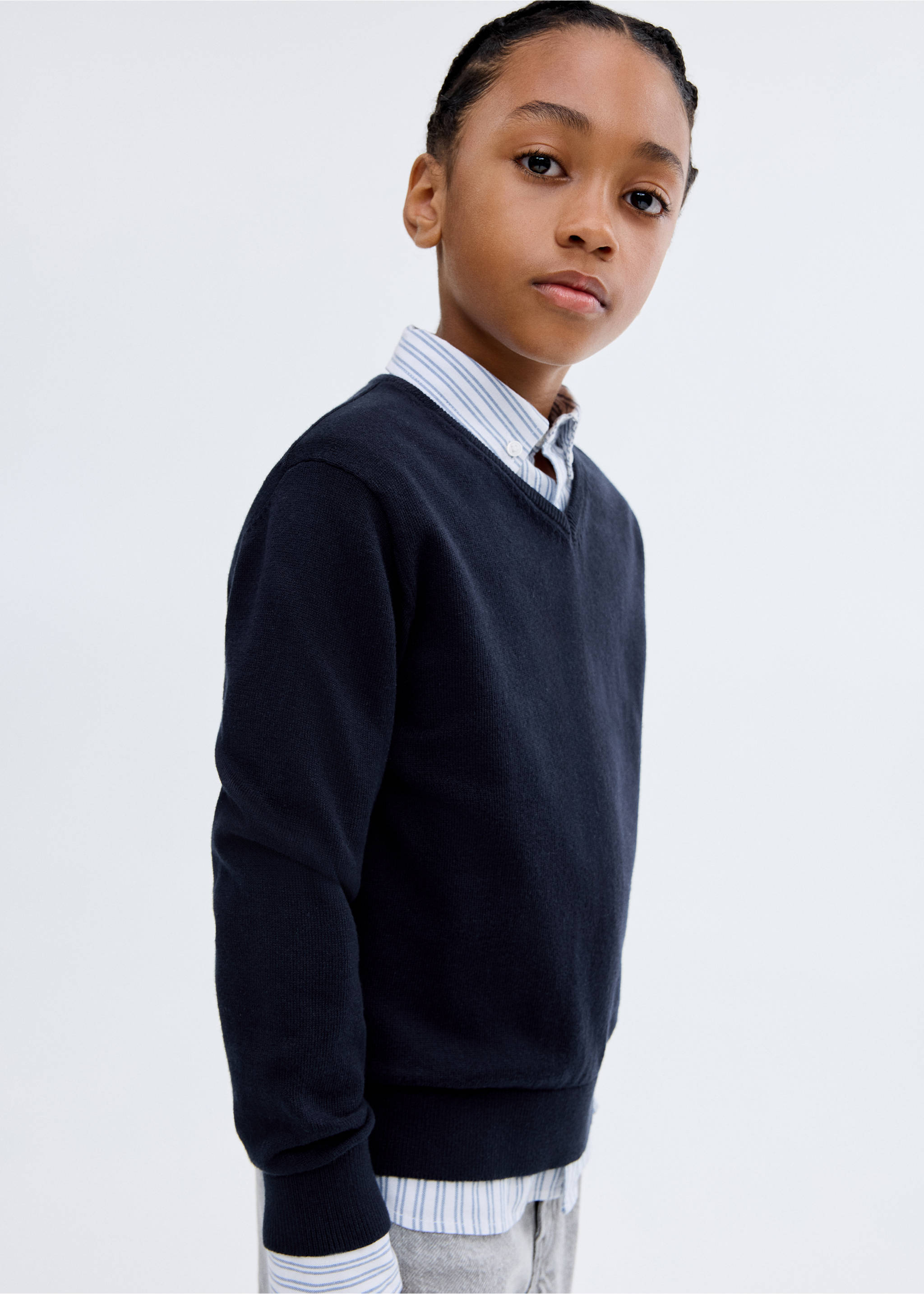 V-neck cotton sweater - Details of the article 1, Dark Navy. Ref: 17063792-00.