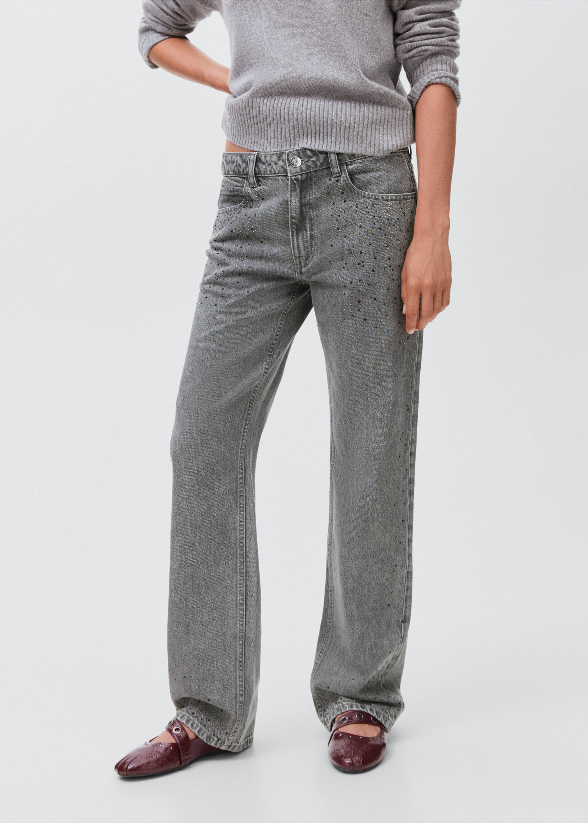 Straight-fit jeans with rhinestones - Medium plane, Denim Grey. Ref: 17063795-00.