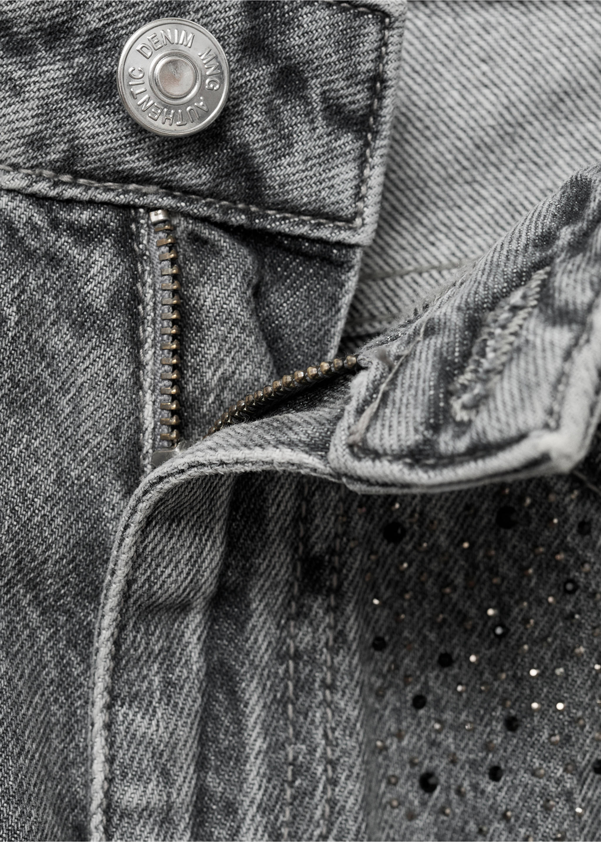 Straight-fit jeans with rhinestones - Details of the article 0, Denim Grey. Ref: 17063795-00.