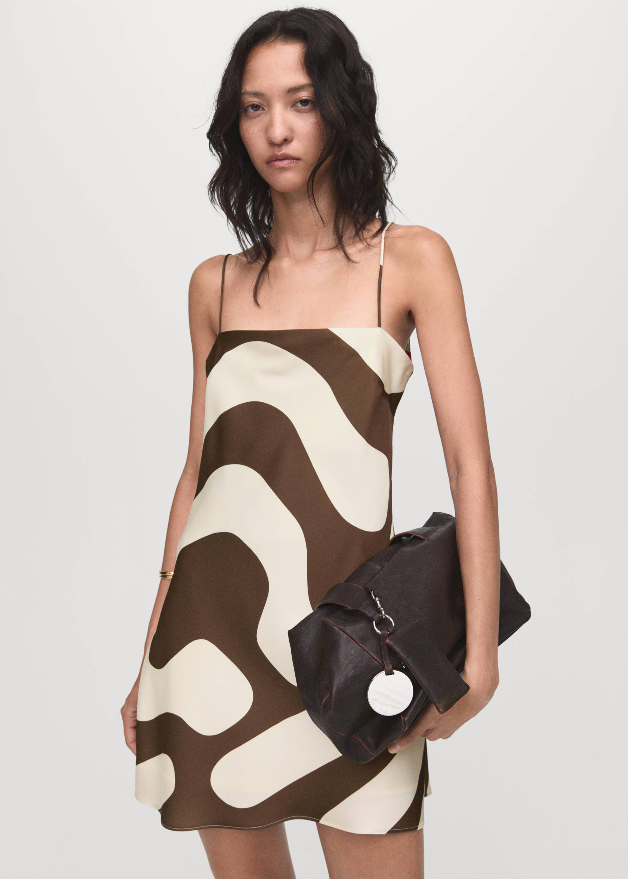 Printed satin dress - Medium plane, Brown. Ref: 17064081-00.