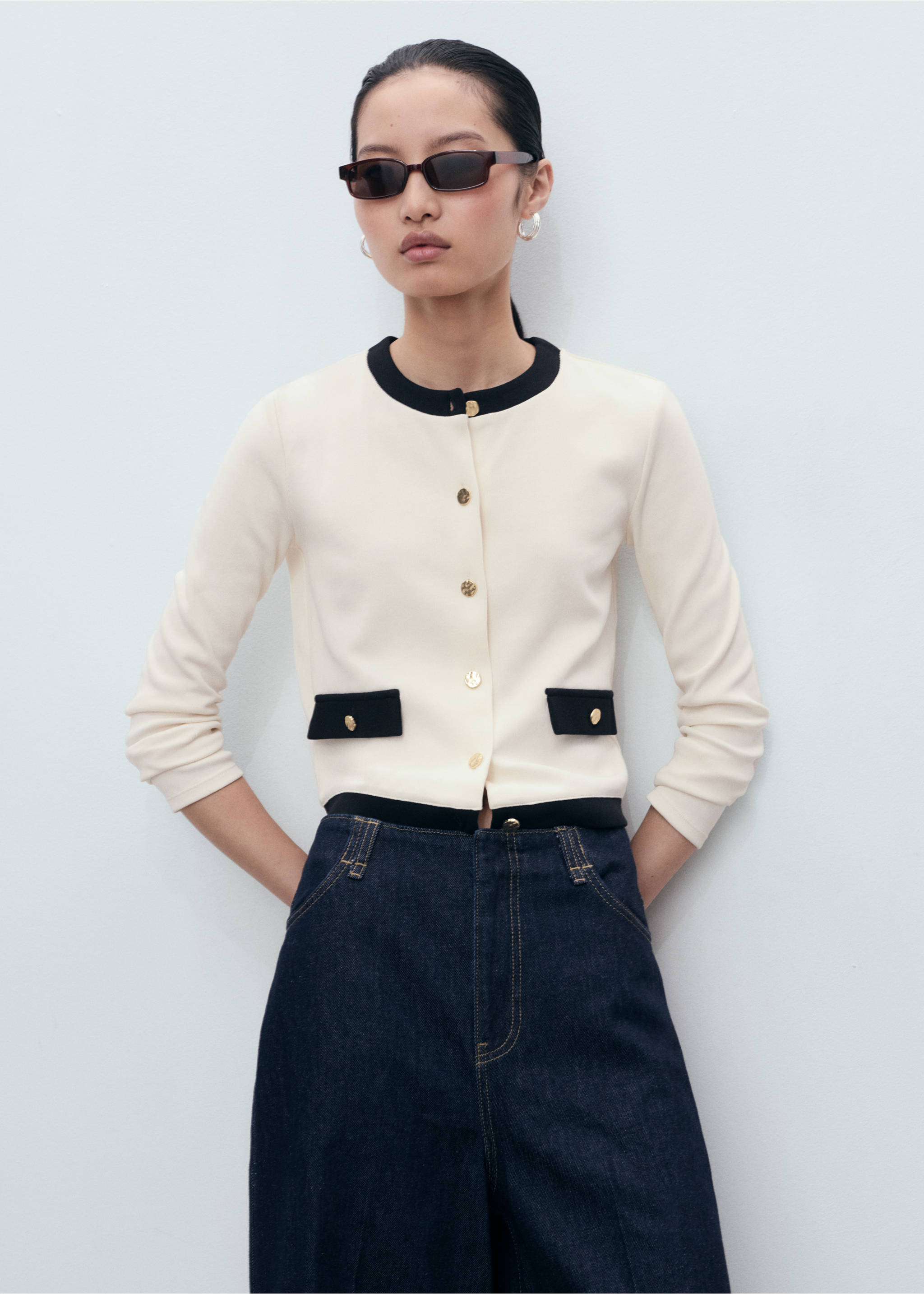 Contrasting cotton cardigan - Medium plane, Ecru. Ref: 17064082-00.