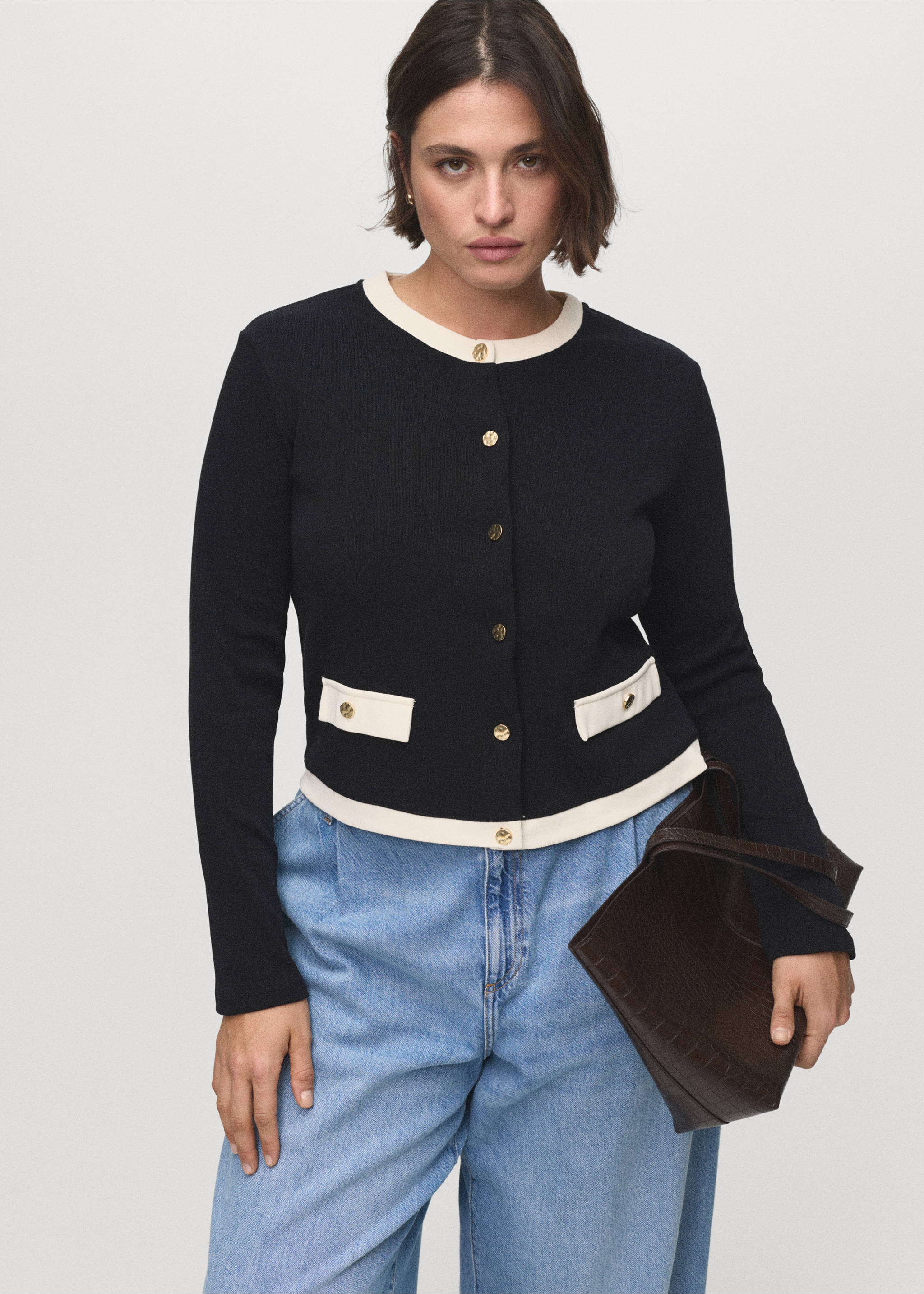 Kontrast Baumwoll-Cardigan - Detail des Artikels 5, Schwarz. Ref: 17064082-00.